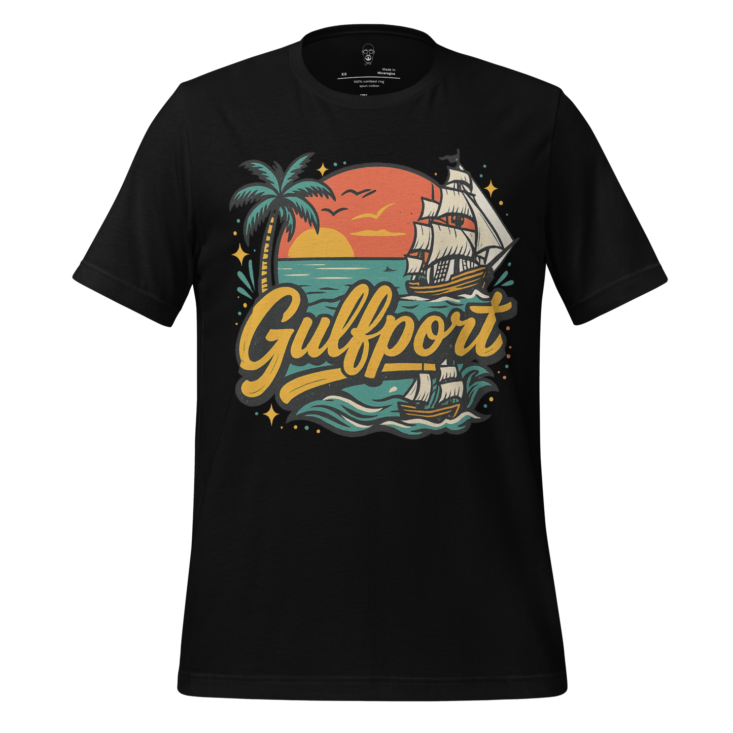 Black Gulfport Graphic T Shirt with palm tree, sunset, and sailing ship design by JMK Drip