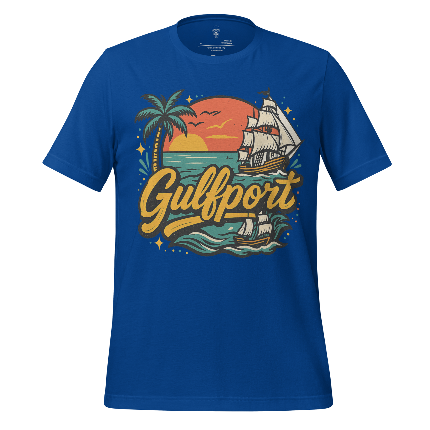 JMK Drip Gulfport Graphic T-Shirt in blue with palm tree sunset and sailing ship design