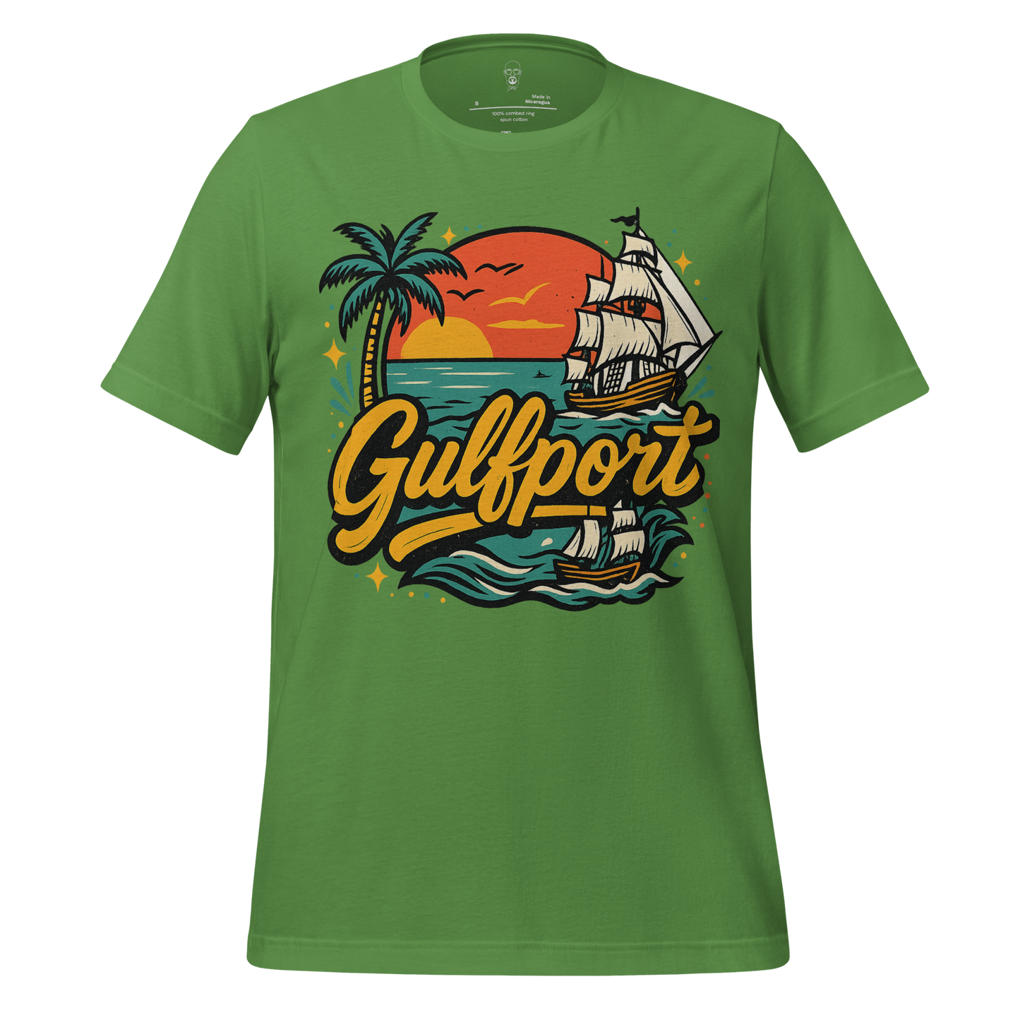 Green Gulfport Graphic T-Shirt with palm tree, sailing ship, and sunset ocean design