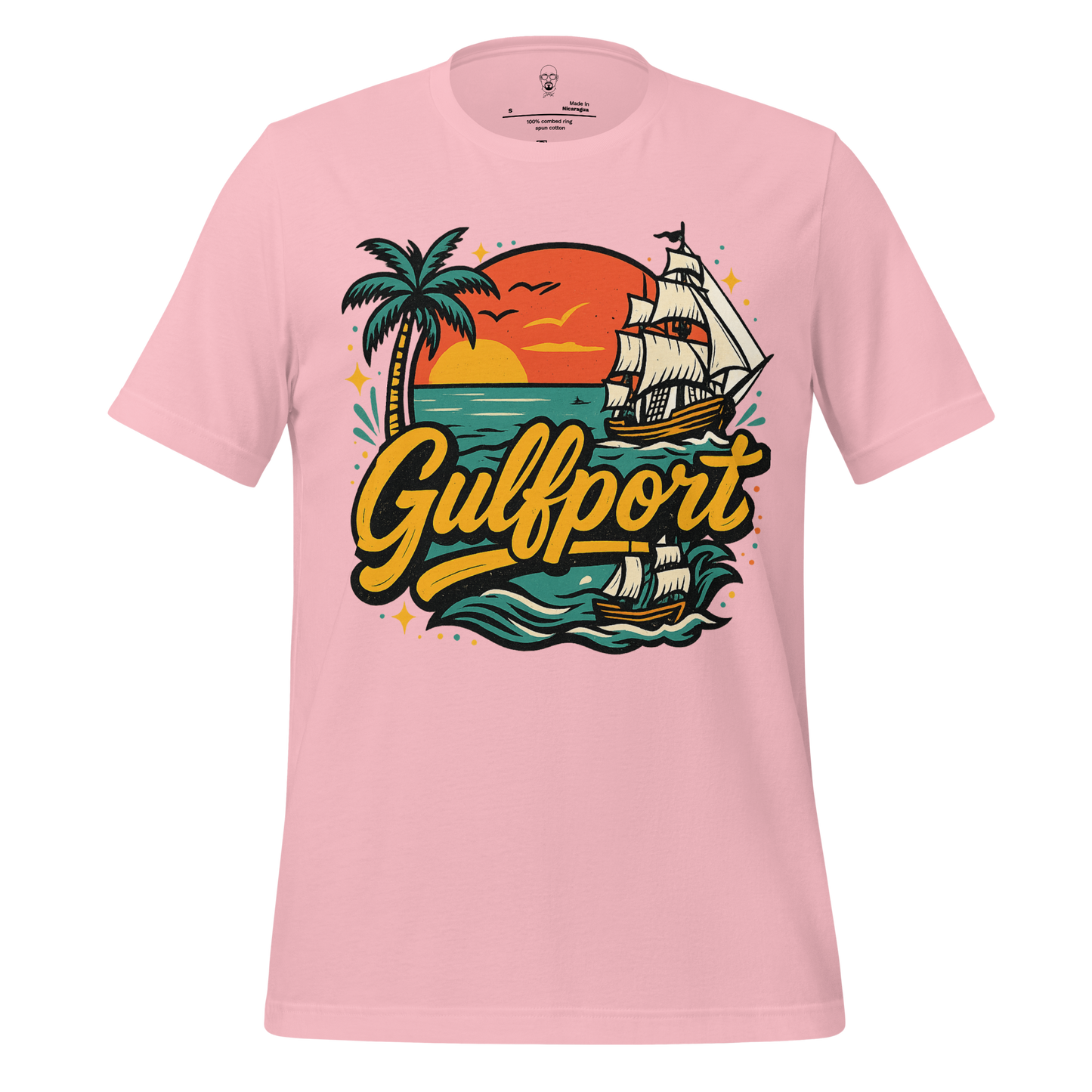Pink Gulfport Graphic T-Shirt with sunset, palm tree, and sailing ship design by JMK Drip