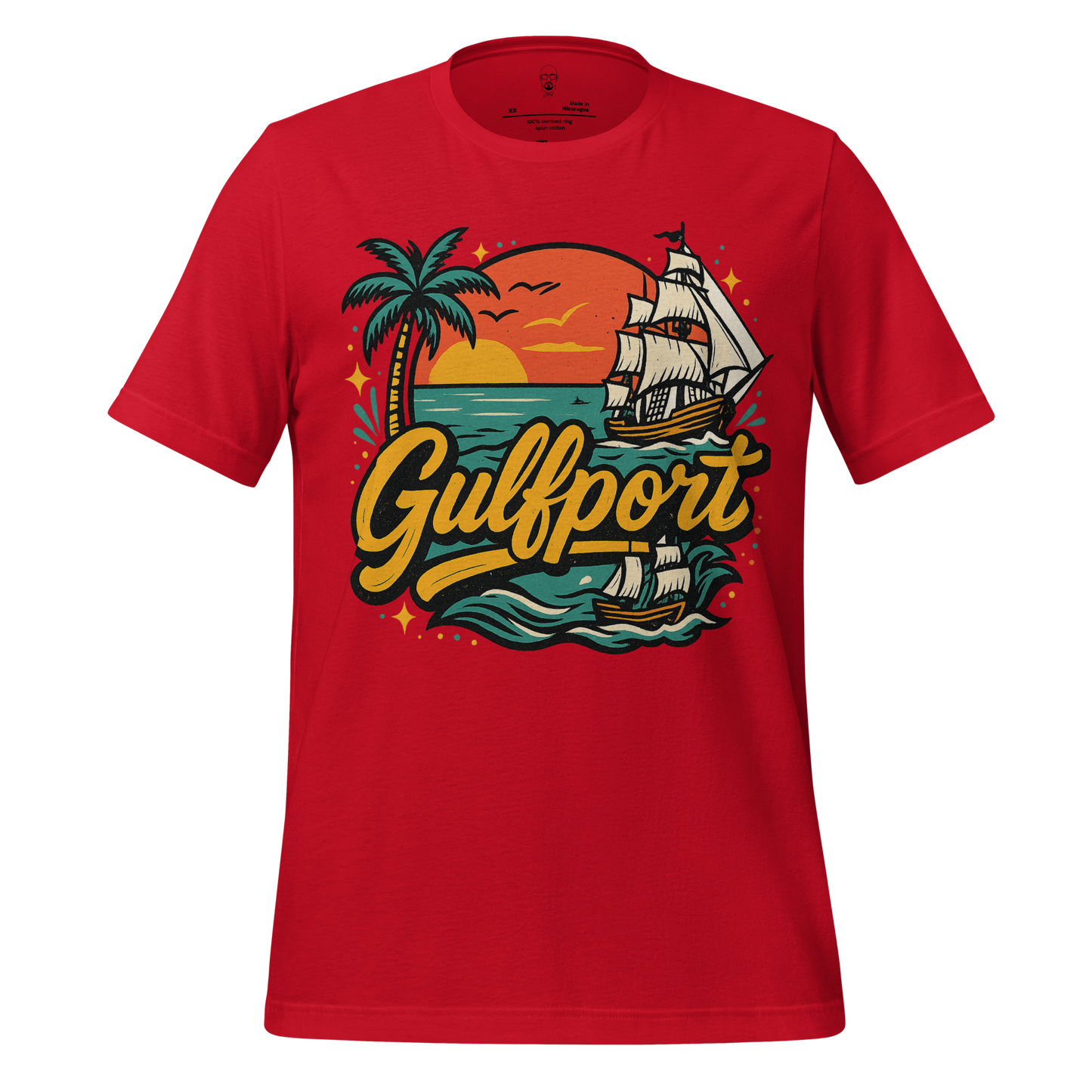 Red JMK Drip Gulfport Graphic T-Shirt featuring palm tree, sunset, and sailing ships design