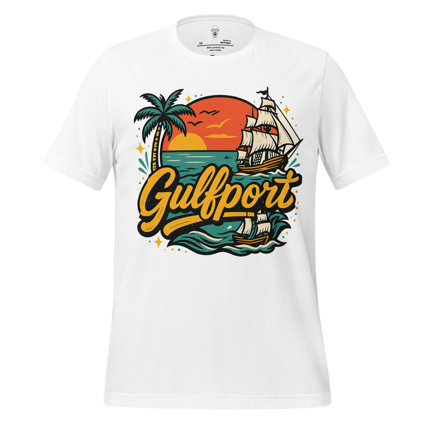 JMK Drip Gulfport Graphic T-Shirt white with sunset, palm tree, and sailing ship design