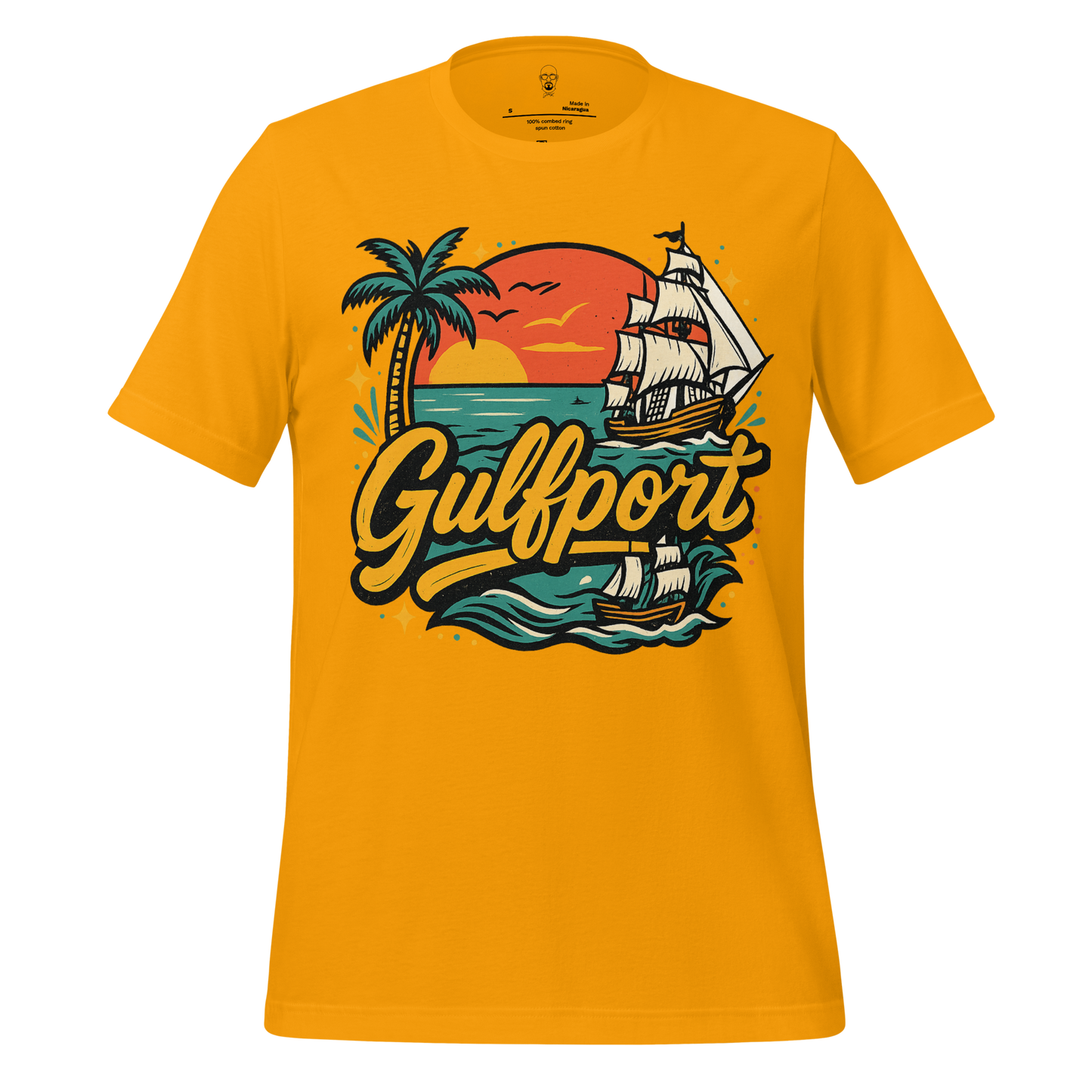 JMK Drip yellow Gulfport Graphic T Shirt with palm tree sailing ship sunset design