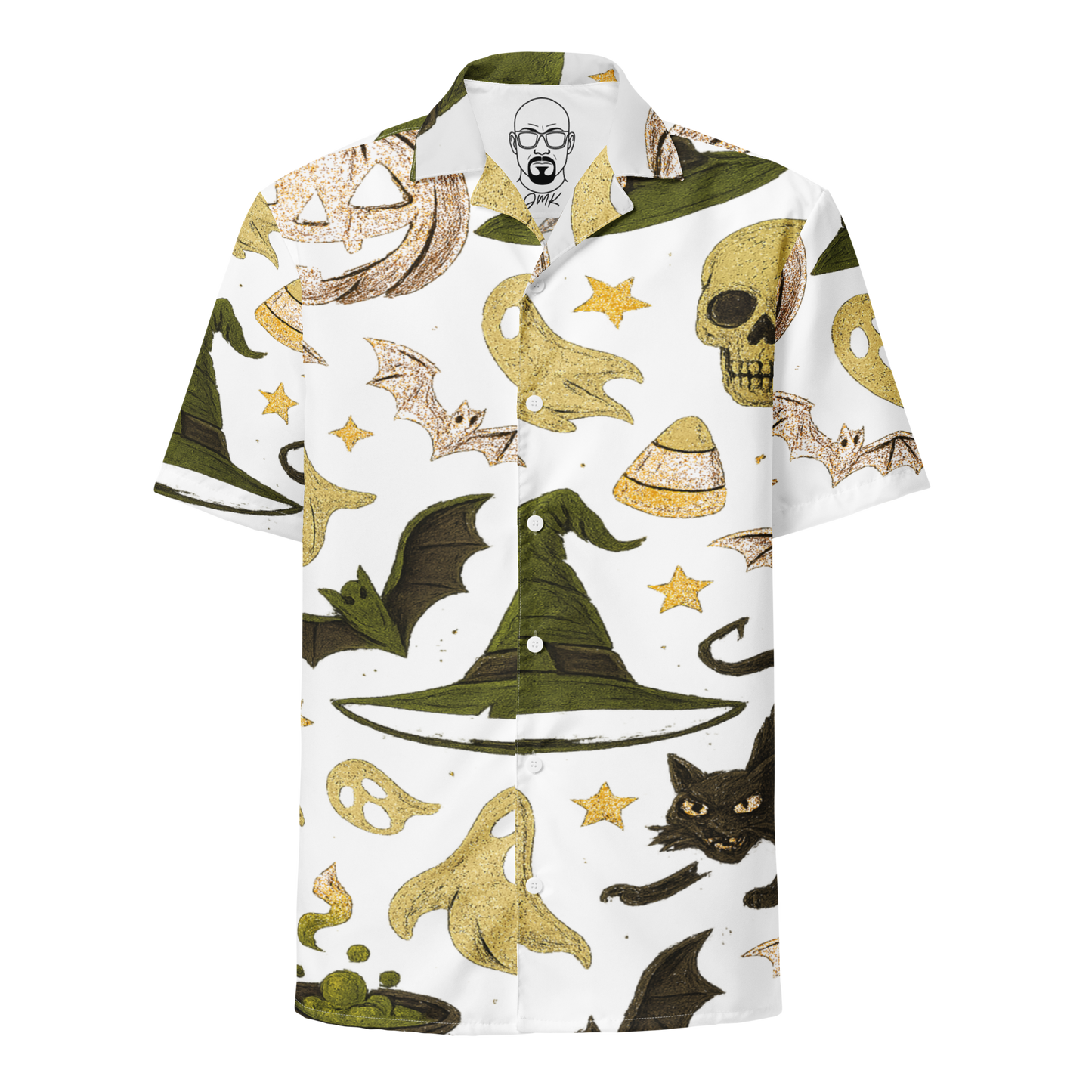 JMK Drip Halloween button down shirt with spooky hats, bats, skulls, candy corn, and ghosts on white background