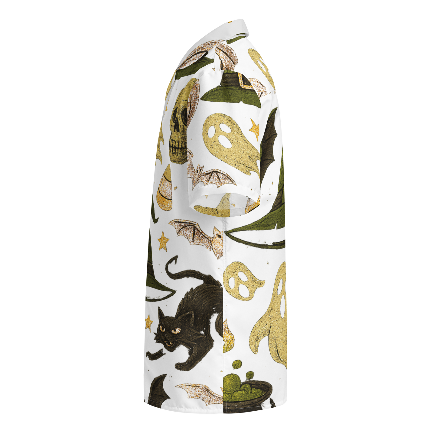JMK Drip Halloween button down shirt with spooky ghosts black cats bats and witches hats on white background