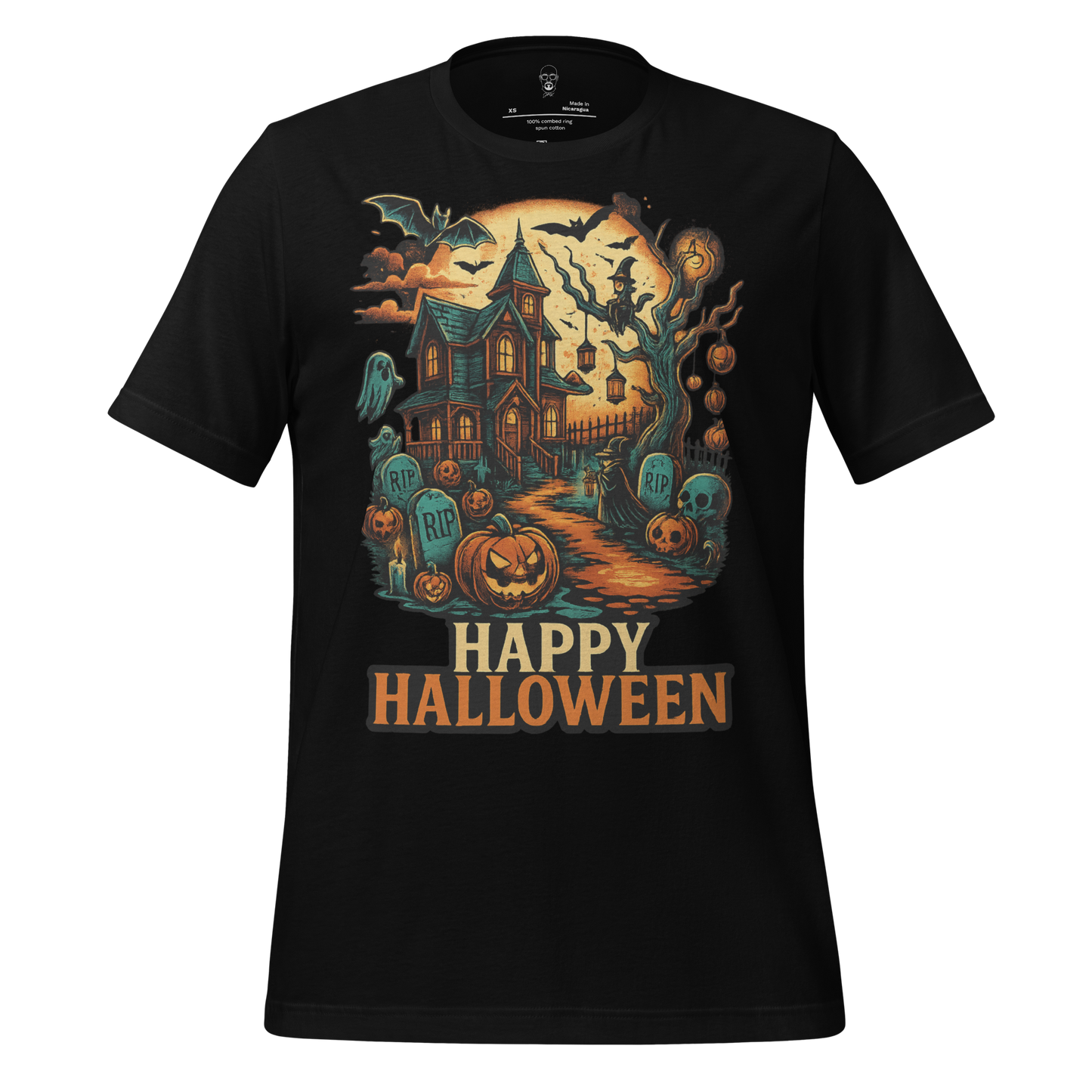 JMK Drip Halloween graphic t-shirt with haunted house pumpkin and spooky graveyard design