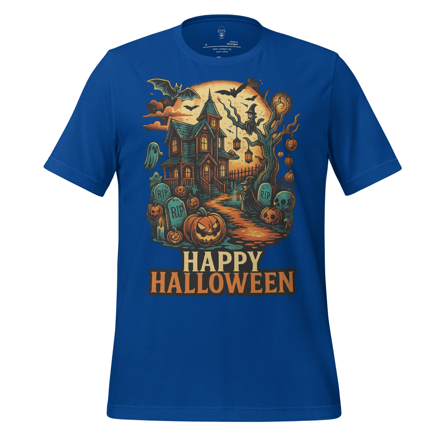 Blue Halloween graphic t-shirt by JMK Drip with spooky haunted house and pumpkin design