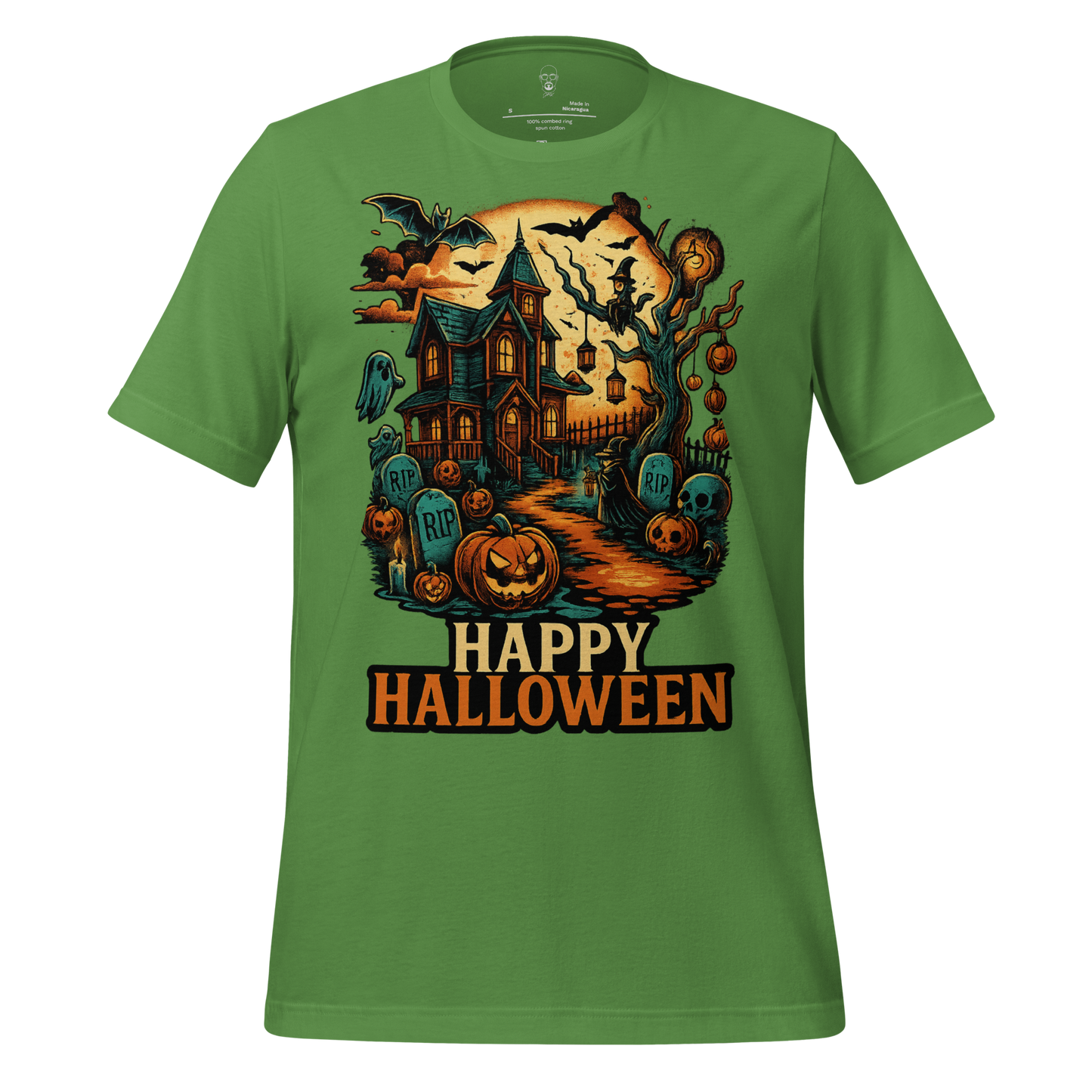 Green Halloween graphic t-shirt with haunted house, pumpkins, bats, and Happy Halloween text