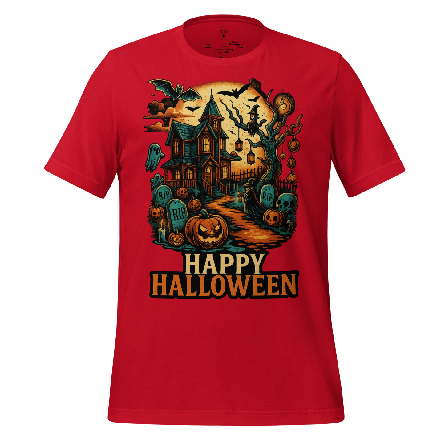 JMK Drip Halloween graphic t-shirt featuring haunted house, pumpkins, bats, and Happy Halloween text