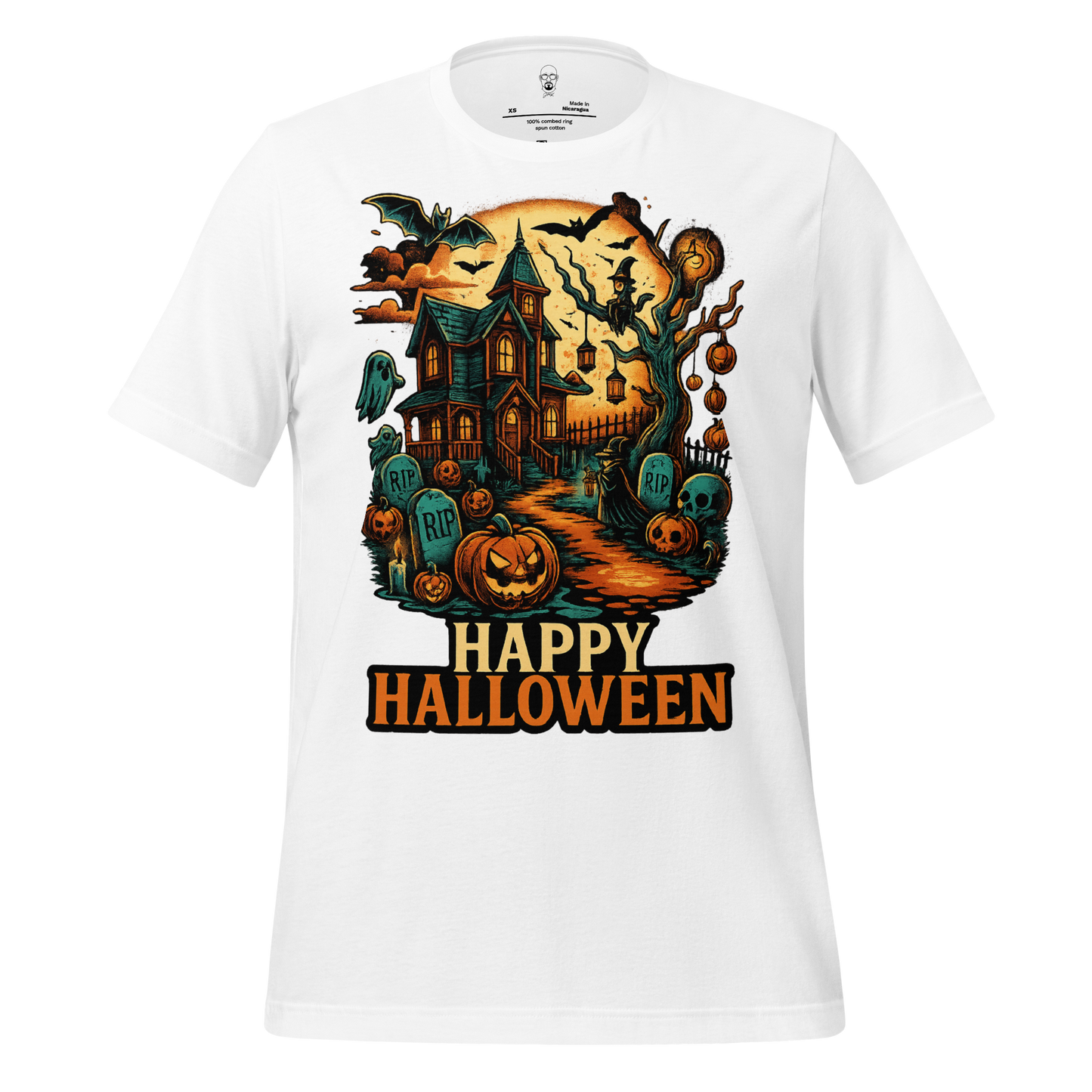 JMK Drip Halloween graphic t-shirt featuring haunted house and spooky pumpkins design