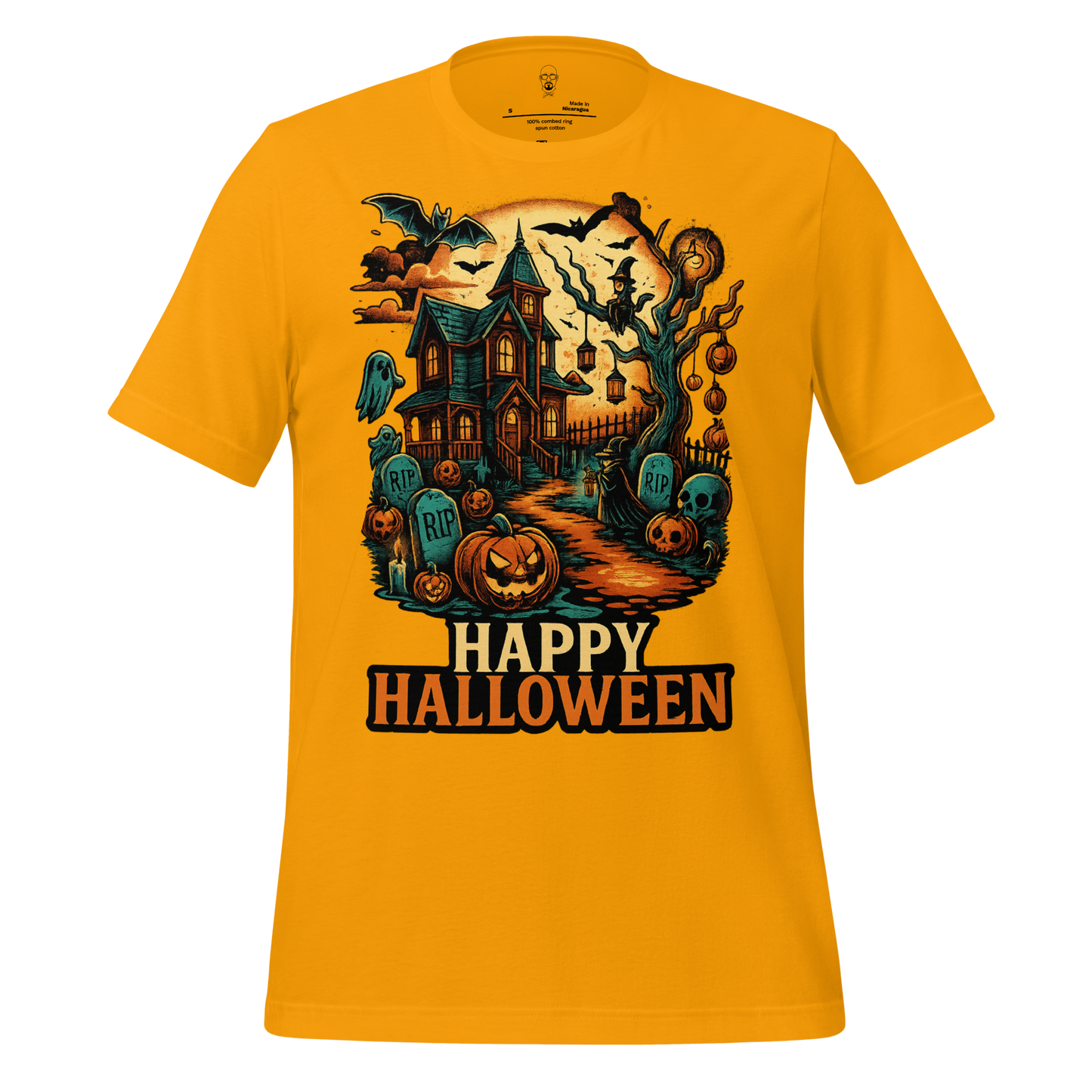 JMK Drip Halloween graphic t-shirt in orange with haunted house, pumpkins, bats, and Happy Halloween text