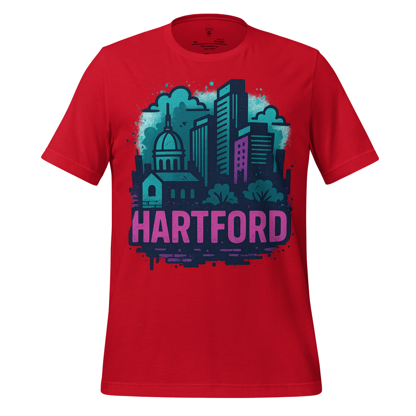 JMK Drip Hartford Graphic T-Shirt in red with colorful cityscape print and Hartford text