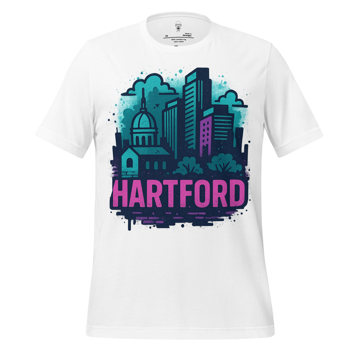 White Hartford Graphic T-Shirt featuring colorful city skyline design with Hartford text