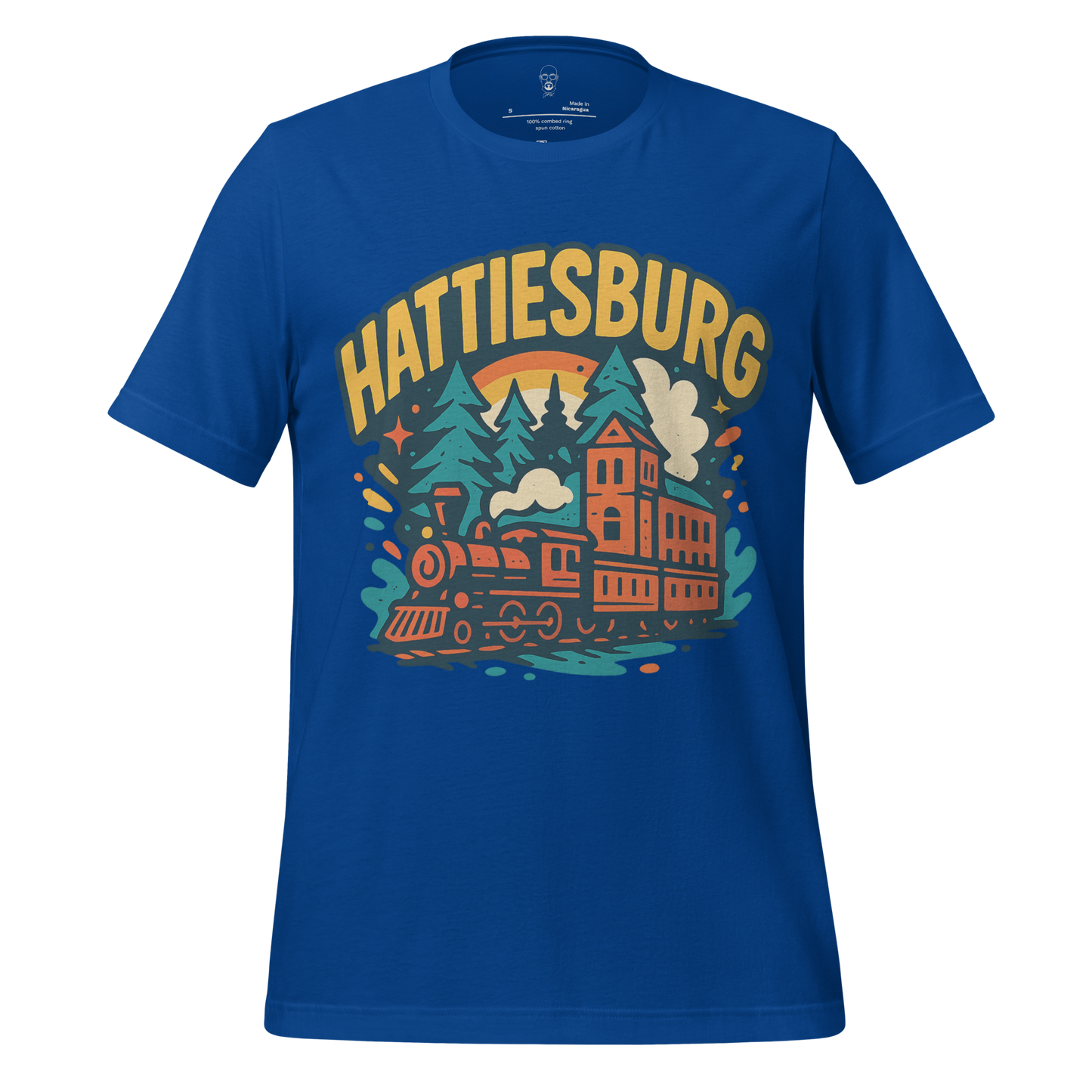 JMK Drip blue Hattiesburg Graphic T-Shirt featuring a vintage train and forest design