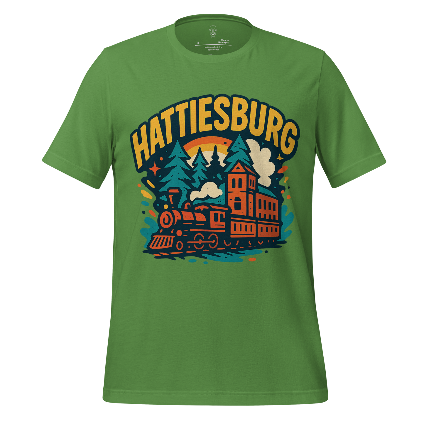 Green Hattiesburg Graphic T-Shirt by JMK Drip with vintage train and forest design