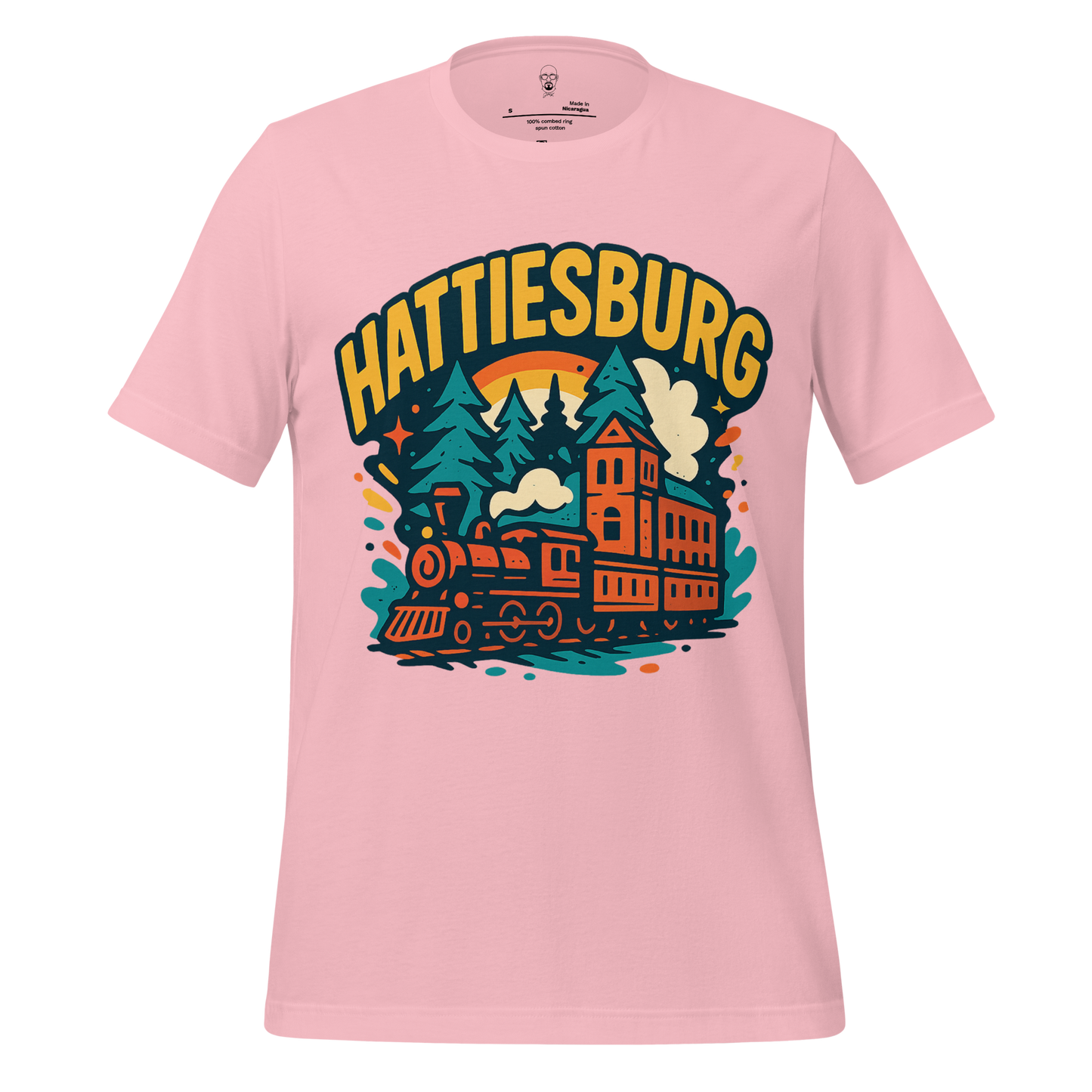 Pink Hattiesburg Graphic T Shirt with vintage train and forest design by JMK Drip