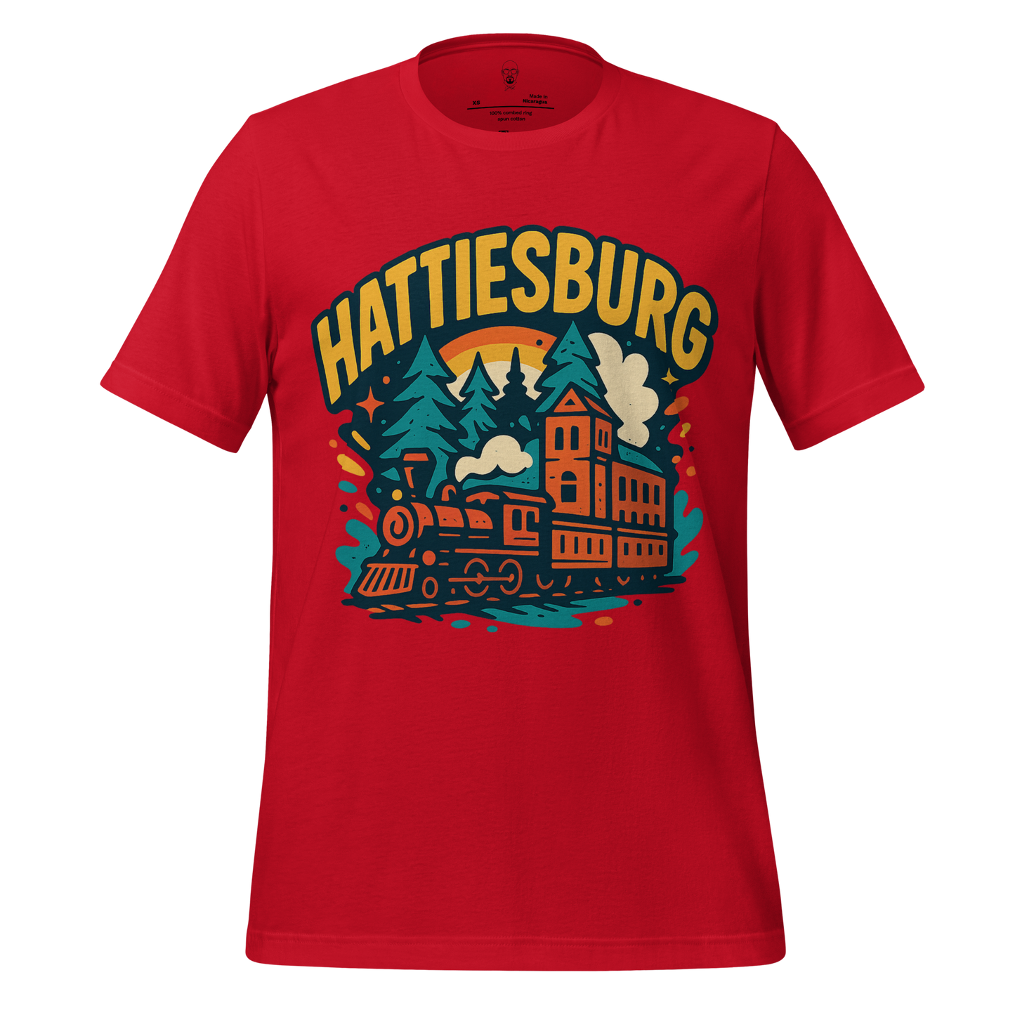 Red JMK Drip Hattiesburg Graphic T-Shirt with vintage train and forest design