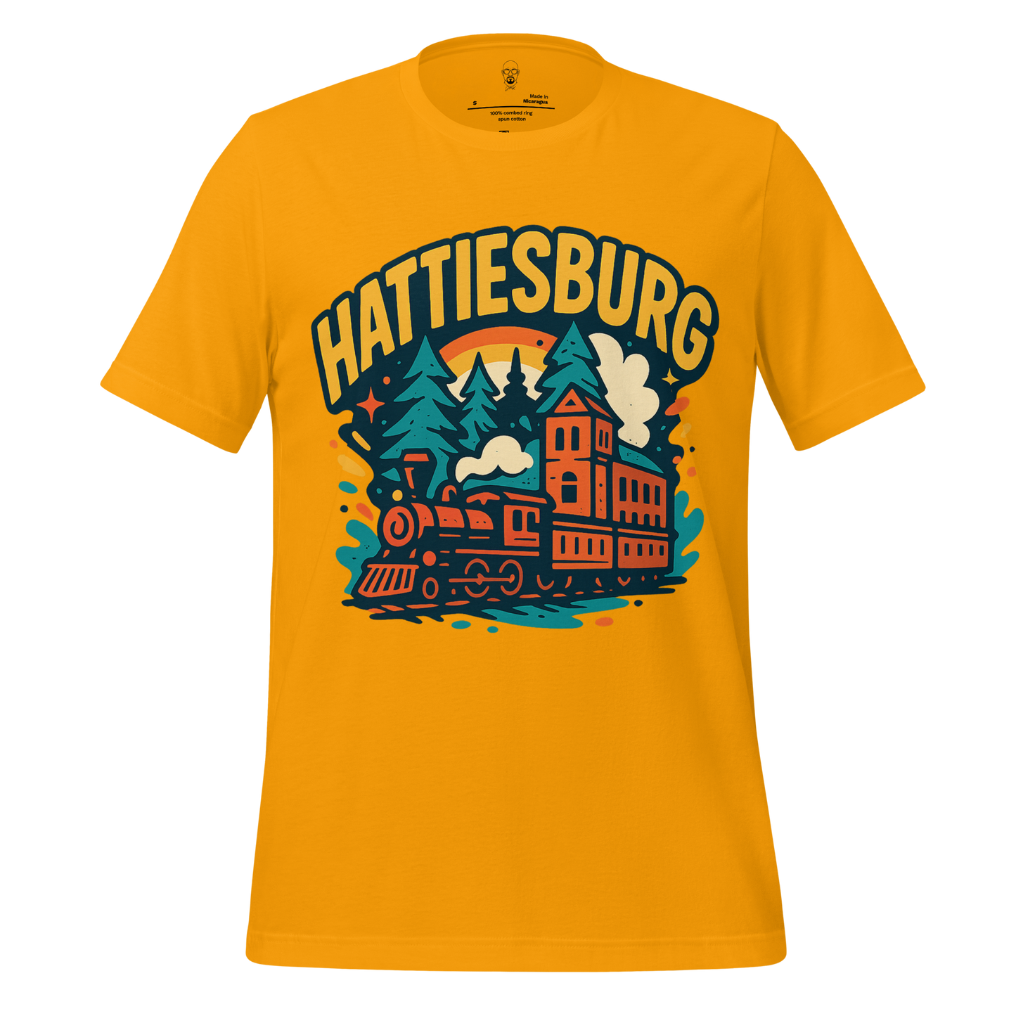 JMK Drip Hattiesburg Graphic T-Shirt in yellow with vintage train and forest design