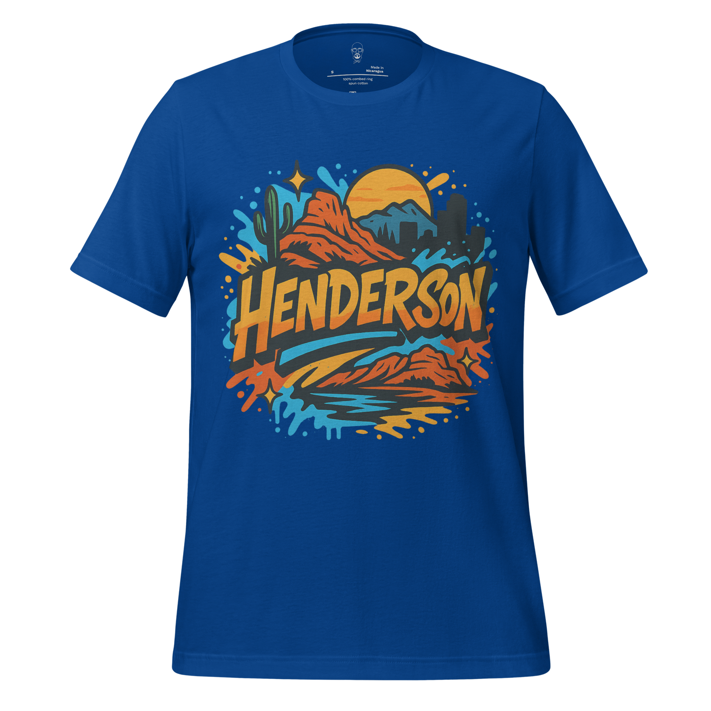 Blue Henderson Graphic T-Shirt with colorful desert mountain and sunset design by JMK Drip