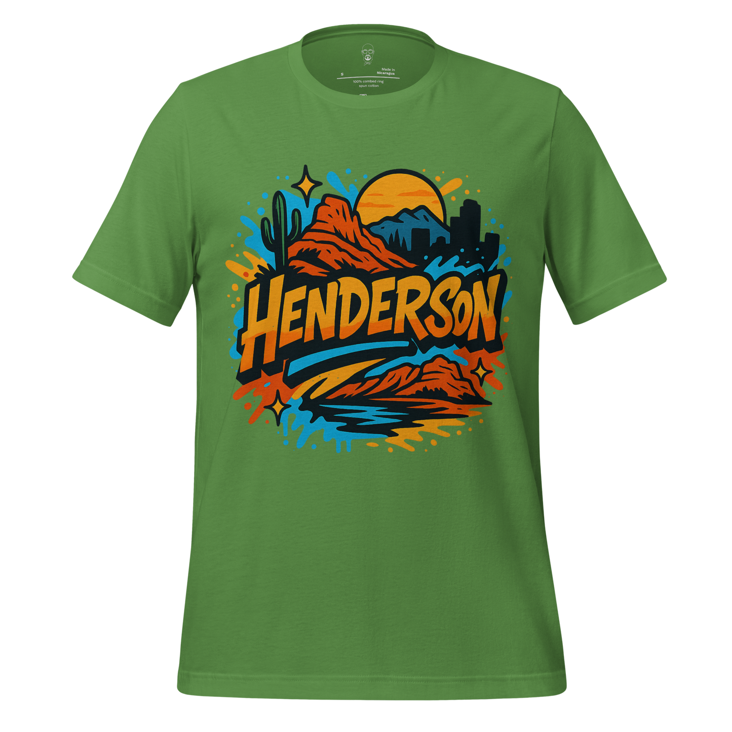 JMK Drip green Henderson Graphic T-Shirt with colorful desert and cityscape design