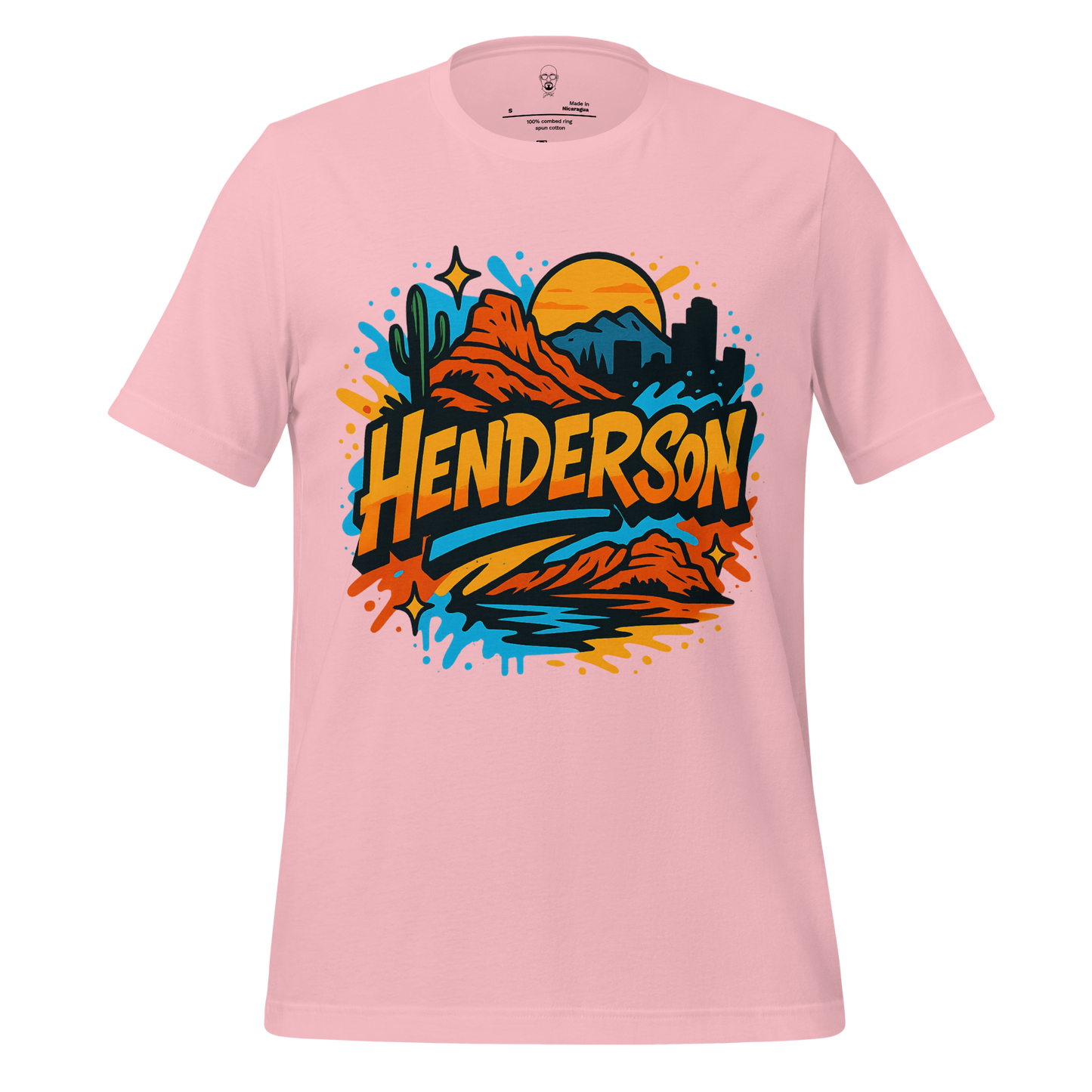 Pink Henderson Graphic T-Shirt by JMK Drip featuring colorful desert and city skyline design