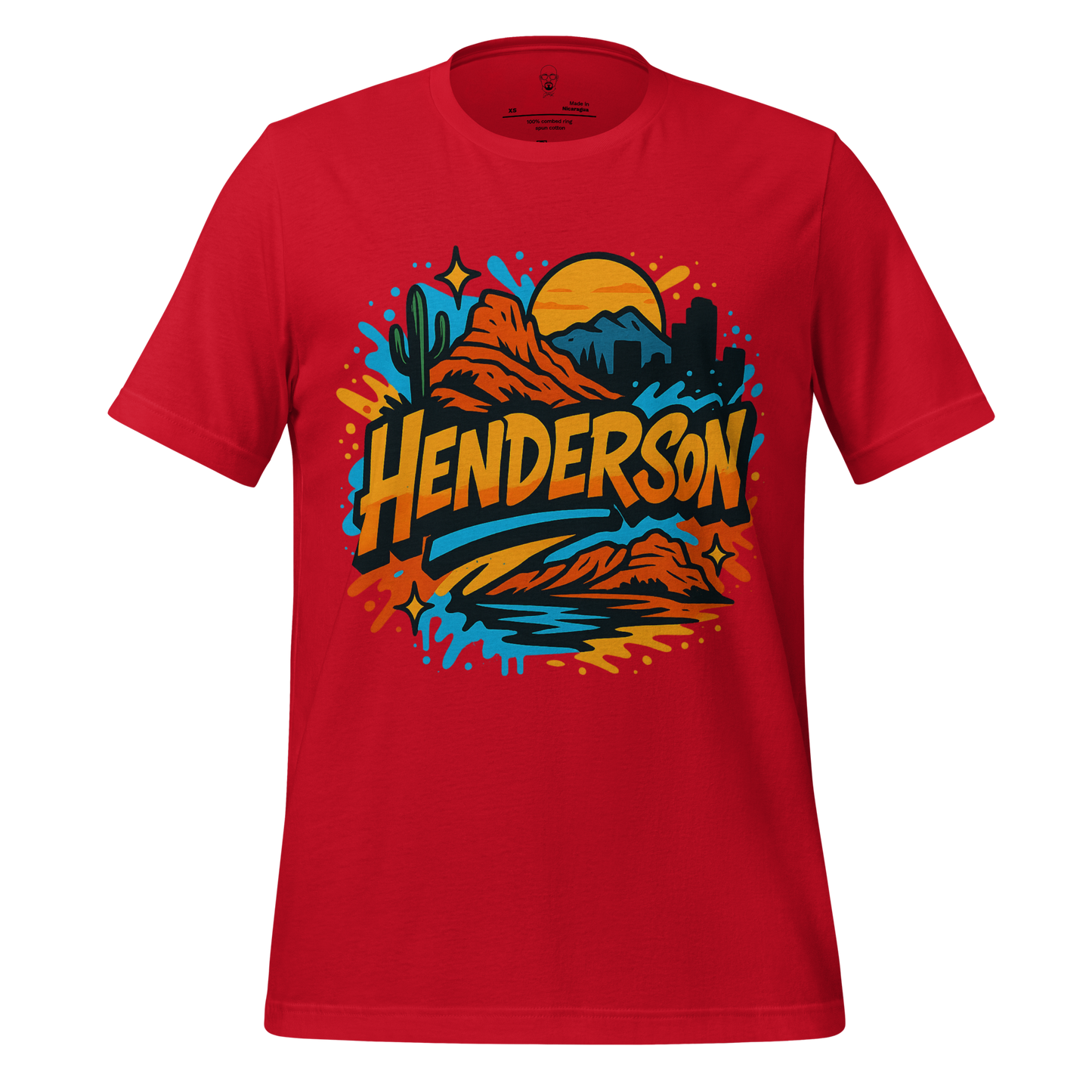 Red Henderson Graphic T-Shirt with colorful desert and mountain design on front