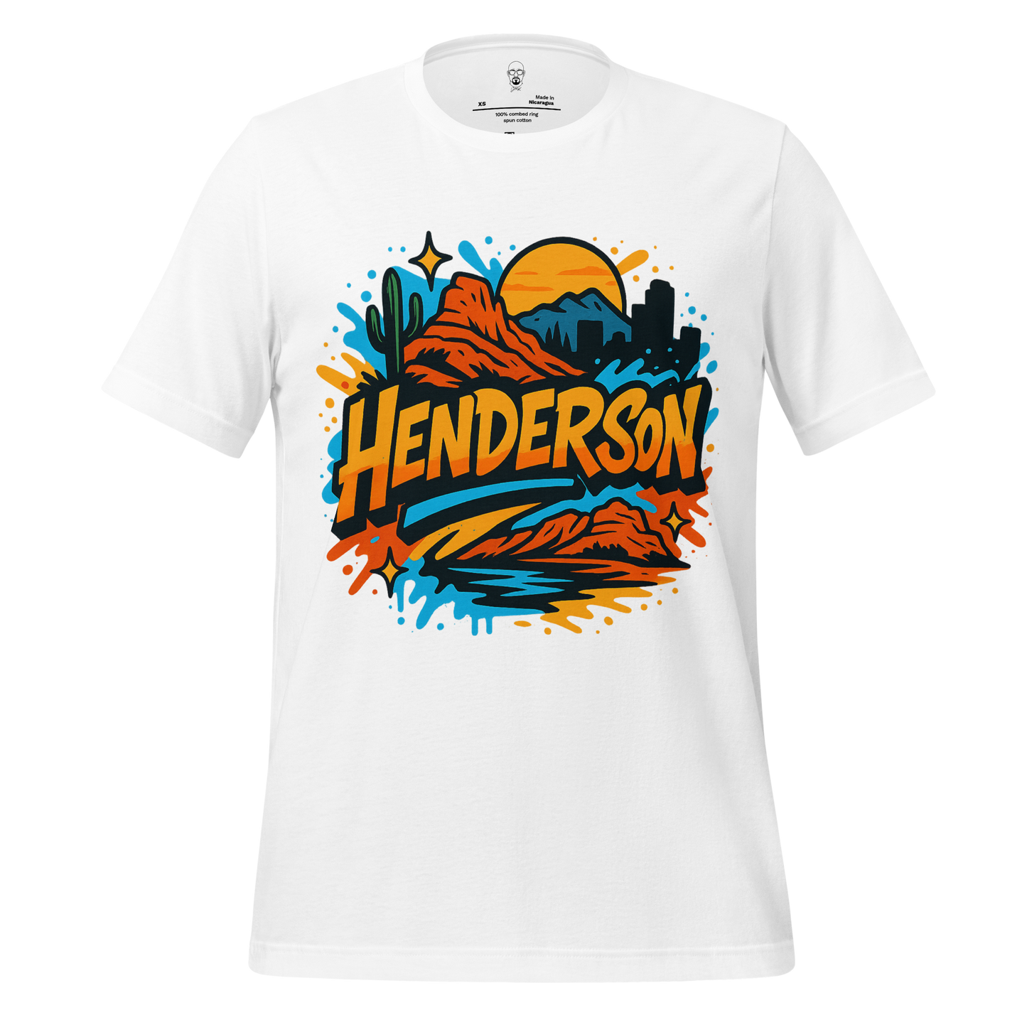 White Henderson Graphic T-Shirt featuring colorful desert landscape and city skyline design