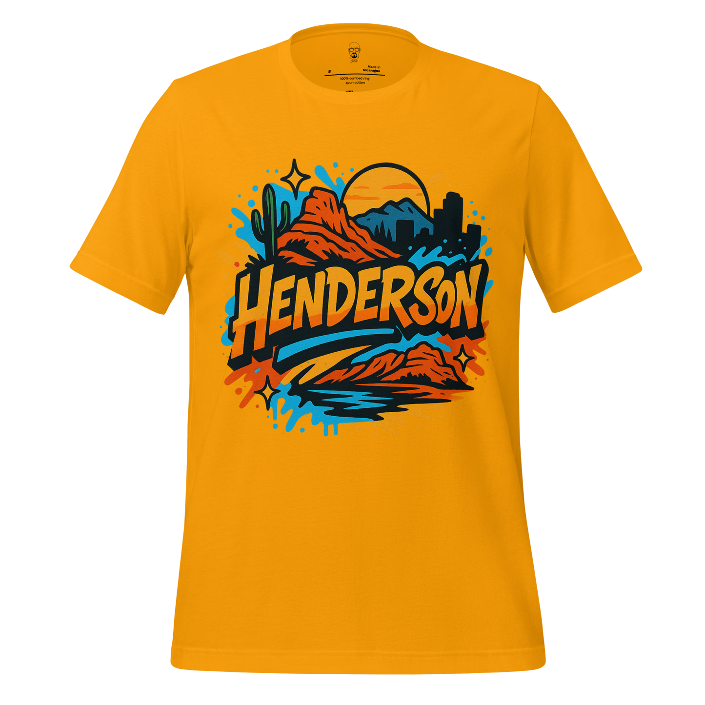 JMK Drip Henderson Graphic T-Shirt in yellow with colorful desert mountain and cactus design