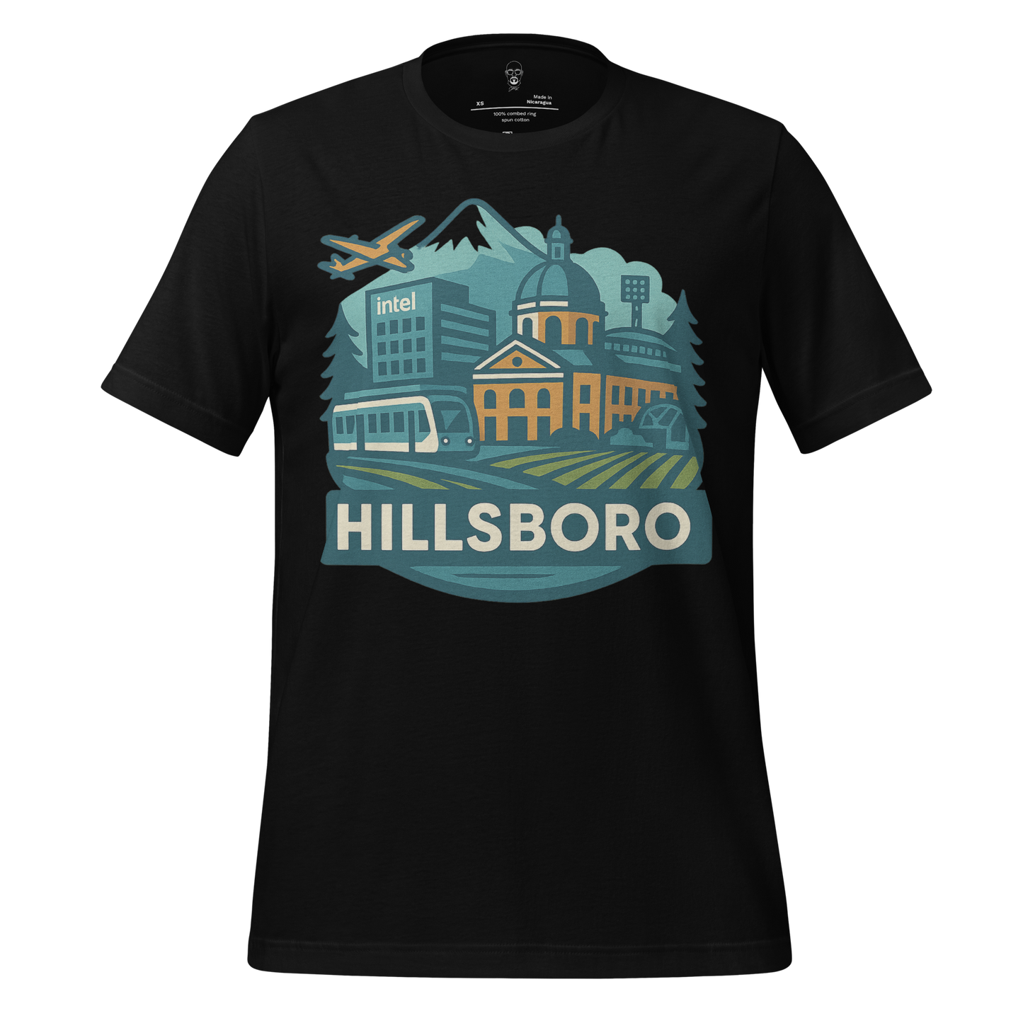 JMK Drip Hillsboro Graphic T-Shirt featuring city landmarks with airplane and train on black fabric