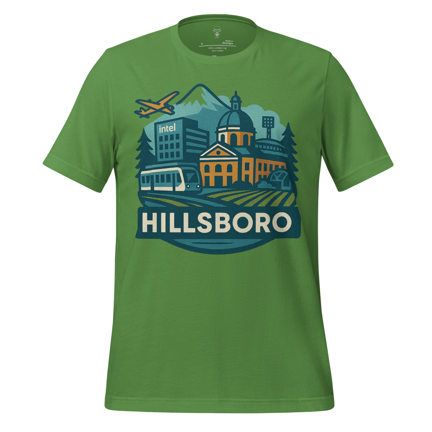 Green Hillsboro Graphic T-Shirt featuring cityscape with buildings, airplane, and dome design