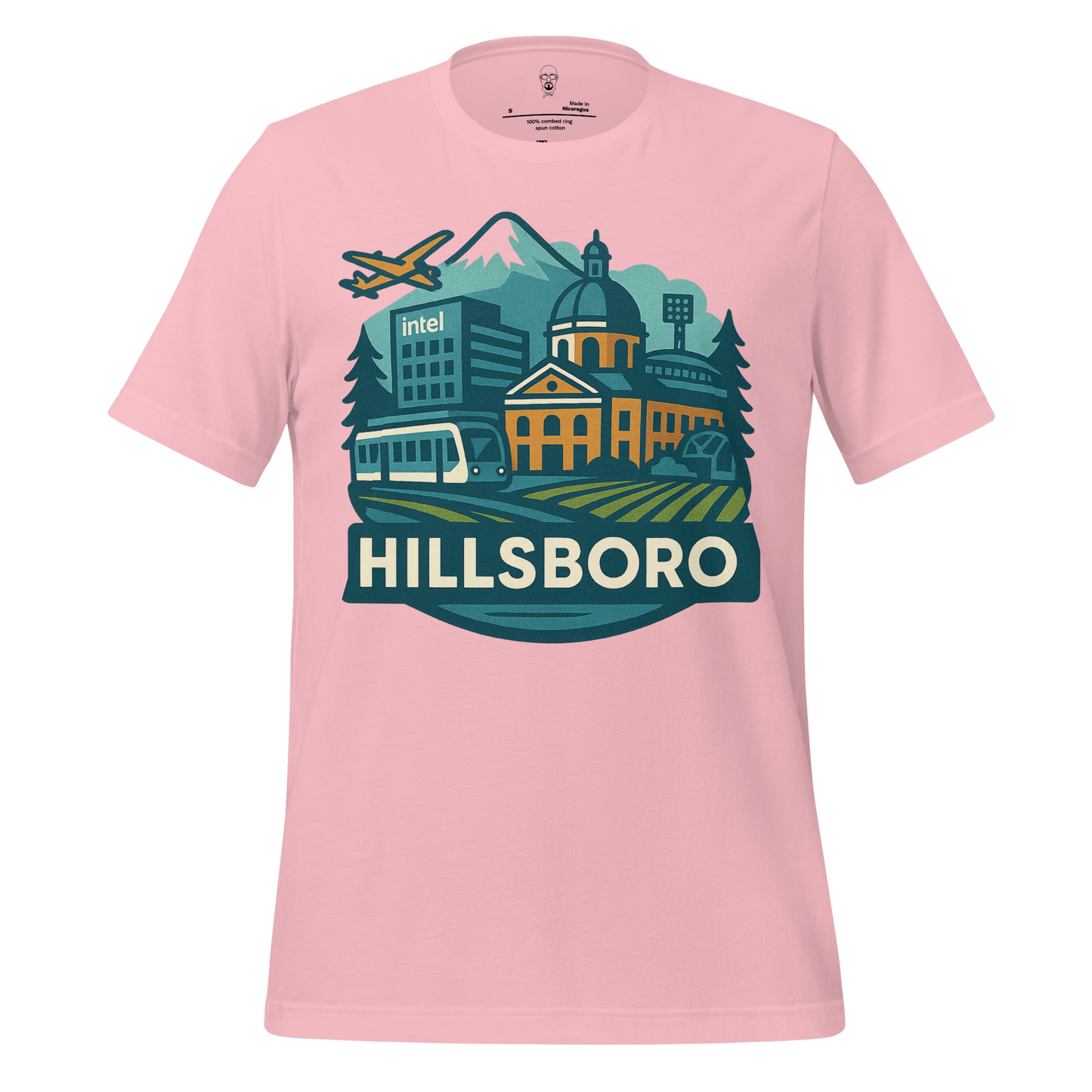 Pink Hillsboro Graphic T-Shirt featuring city skyline, Intel building, tram, airplane and mountain design