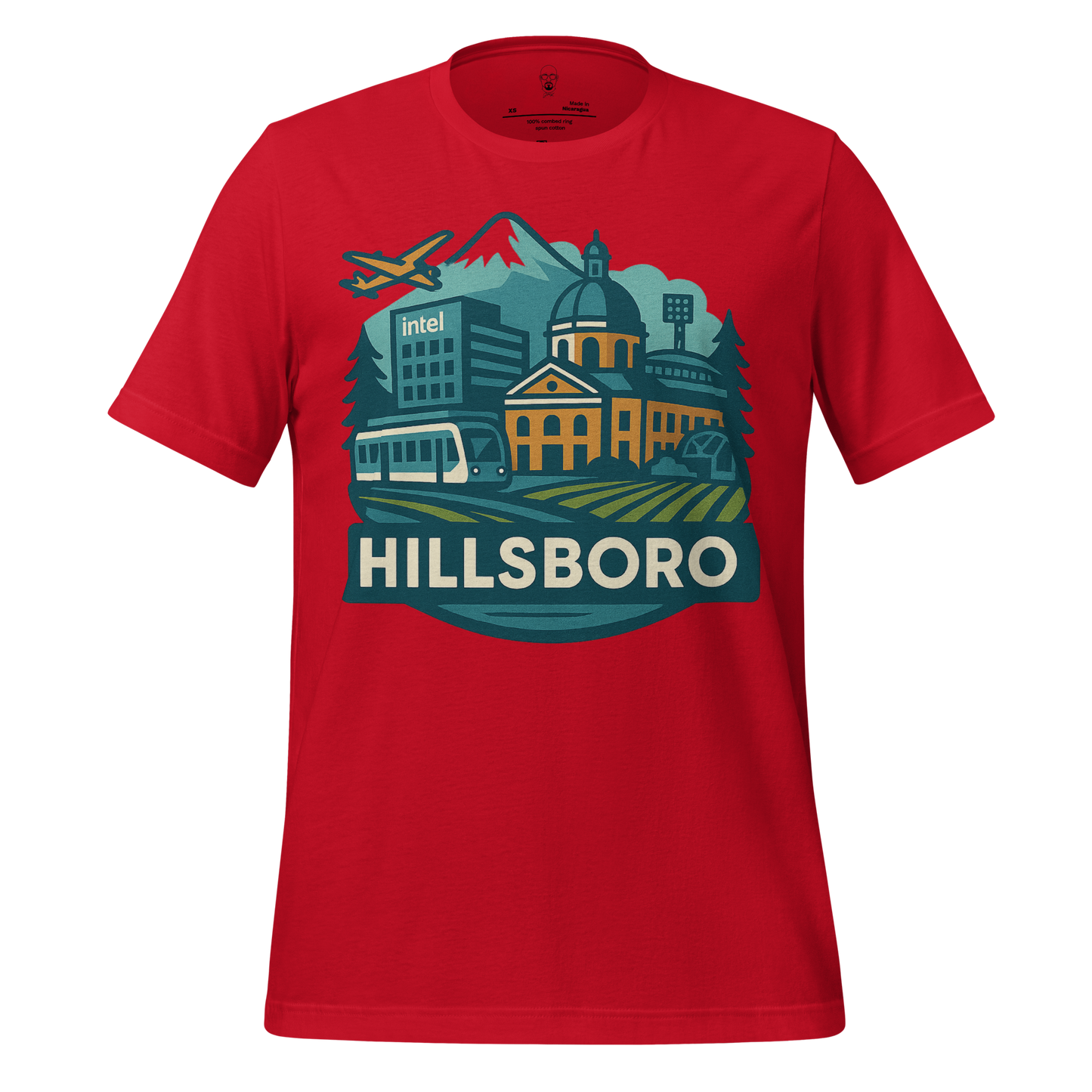 JMK Drip red Hillsboro Graphic T-Shirt with colorful cityscape and landmark illustrations