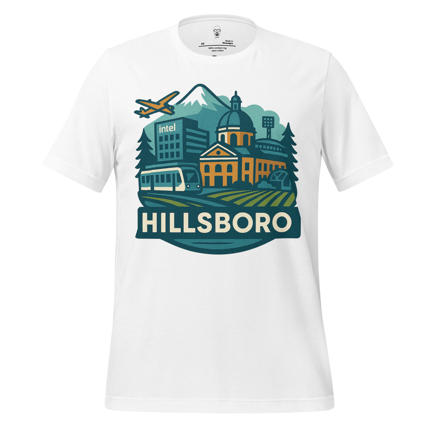 White Hillsboro Graphic T Shirt featuring cityscape with Intel building, mountain, and airplane design