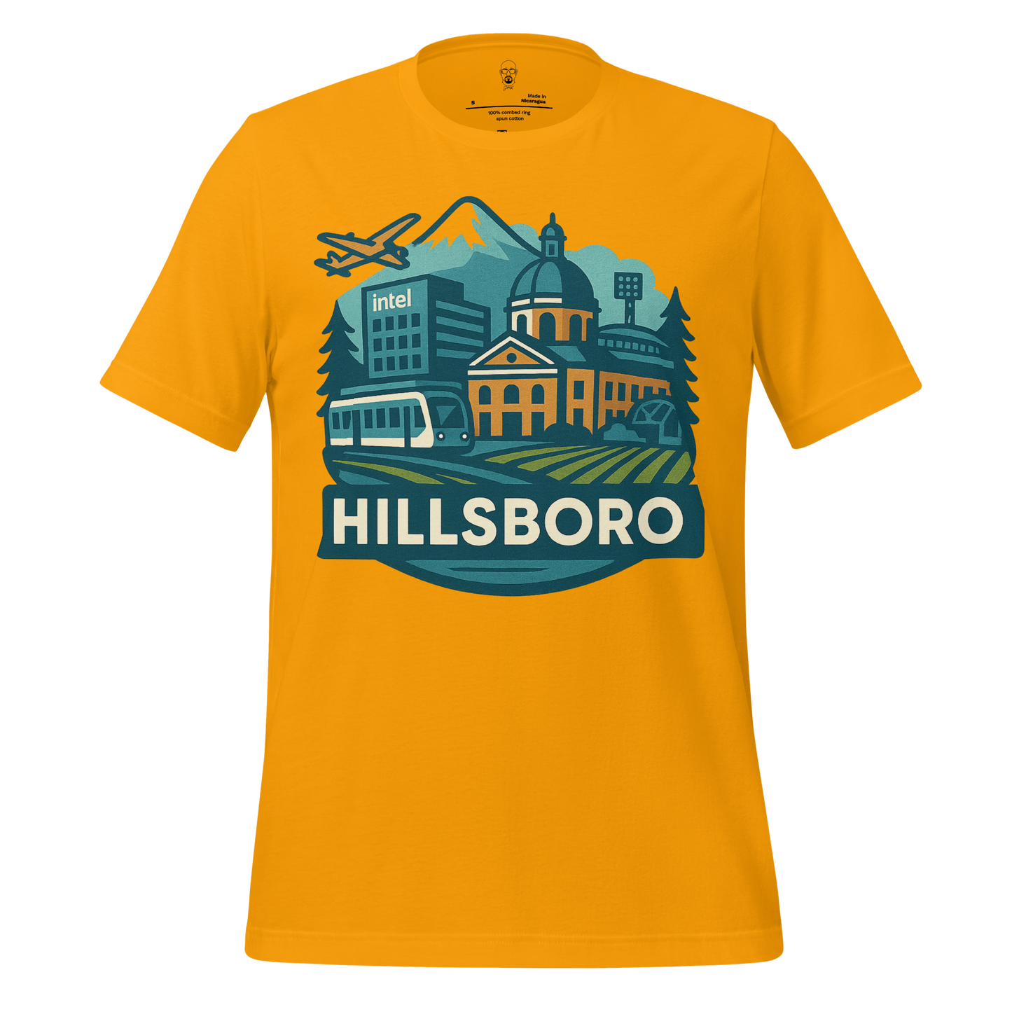 JMK Drip yellow Hillsboro Graphic T-Shirt featuring cityscape, Intel building, airplane, and train design