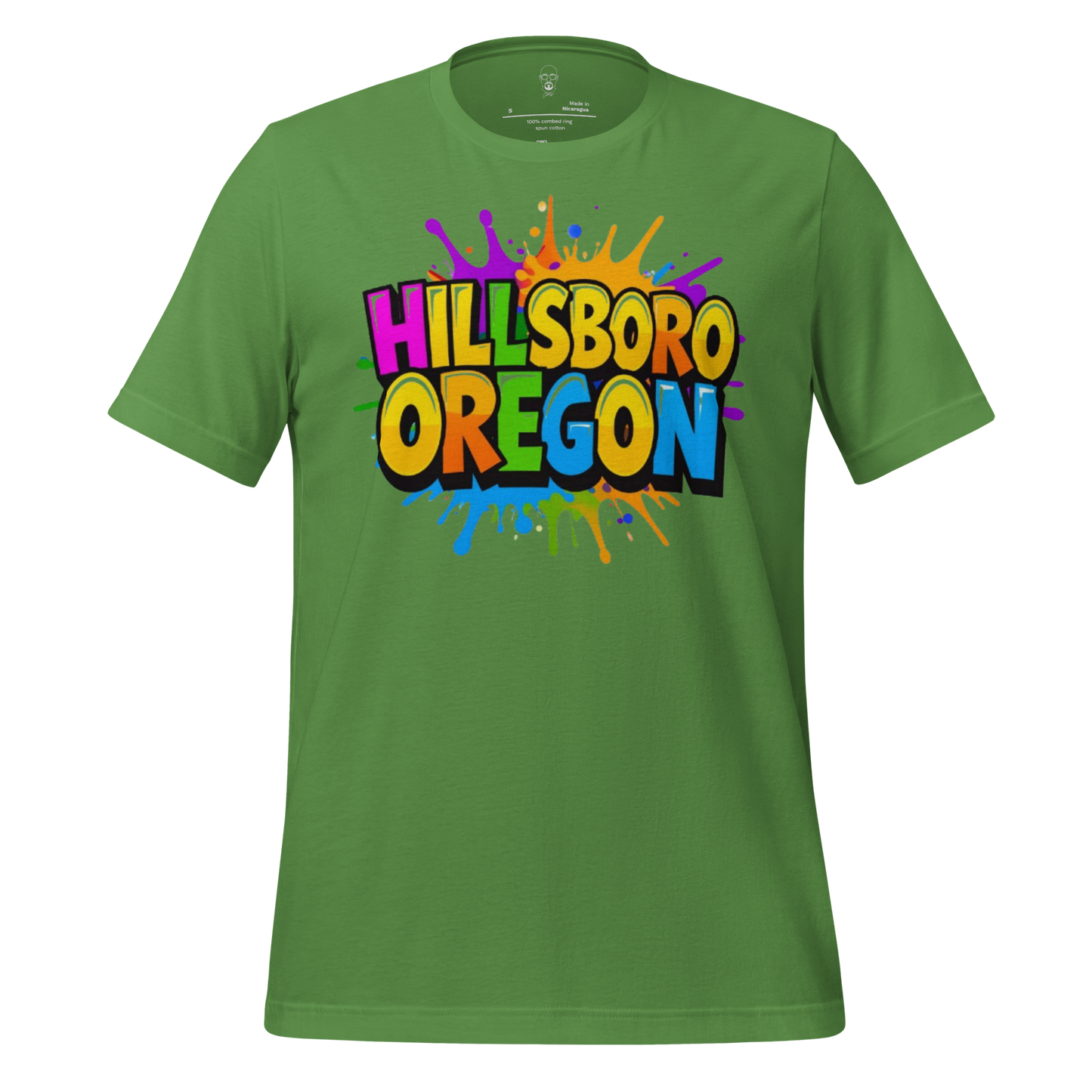Green Hillsboro Oregon t-shirt with colorful paint splash graphic design by JMK Drip