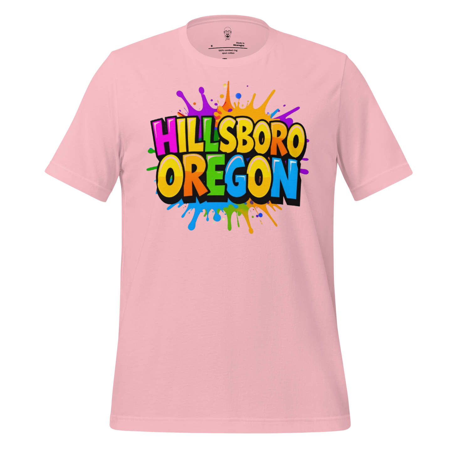 Pink Hillsboro Oregon t-shirt by JMK Drip with colorful graffiti-style text design