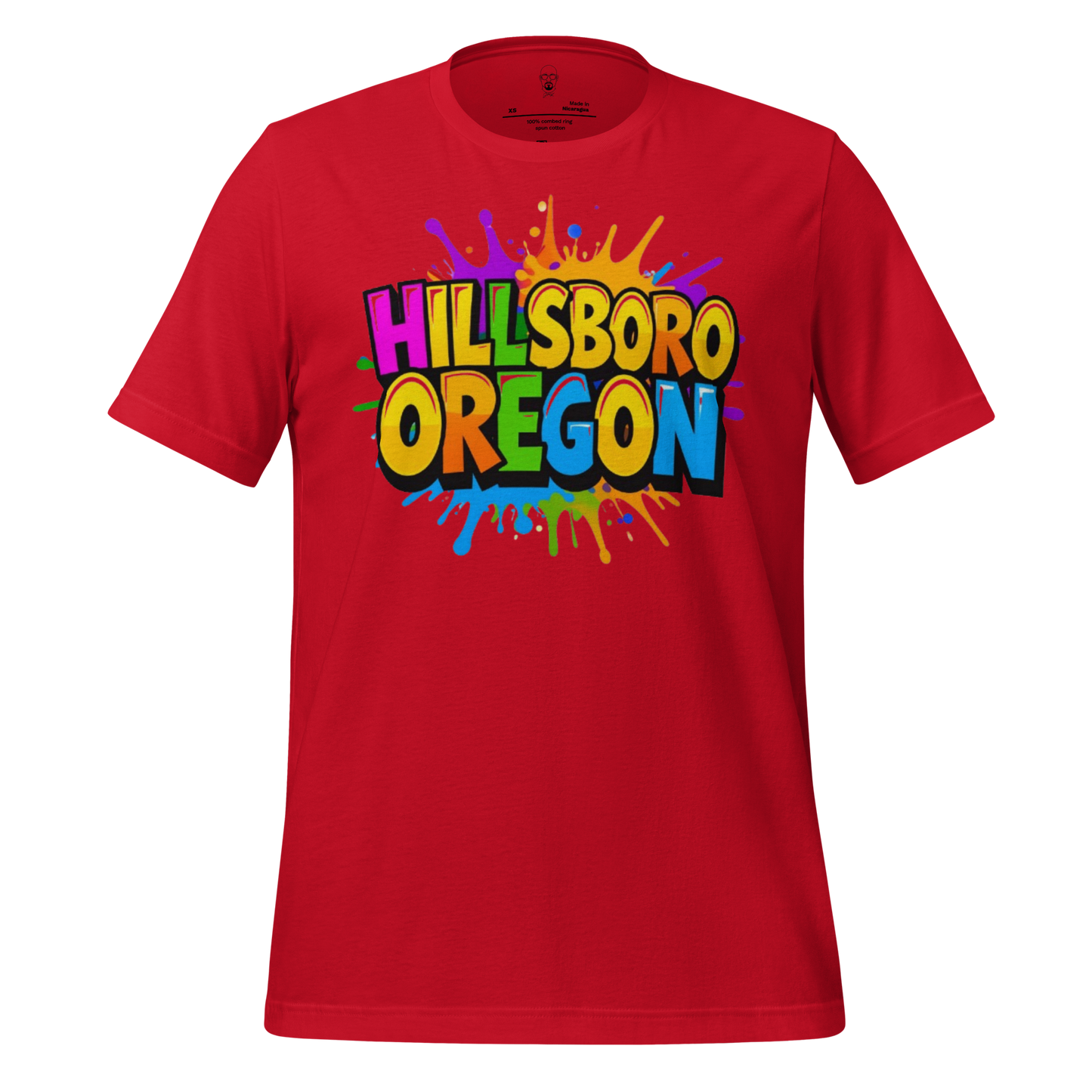 Red Hillsboro Oregon t-shirt with colorful splash graphic and bold text design
