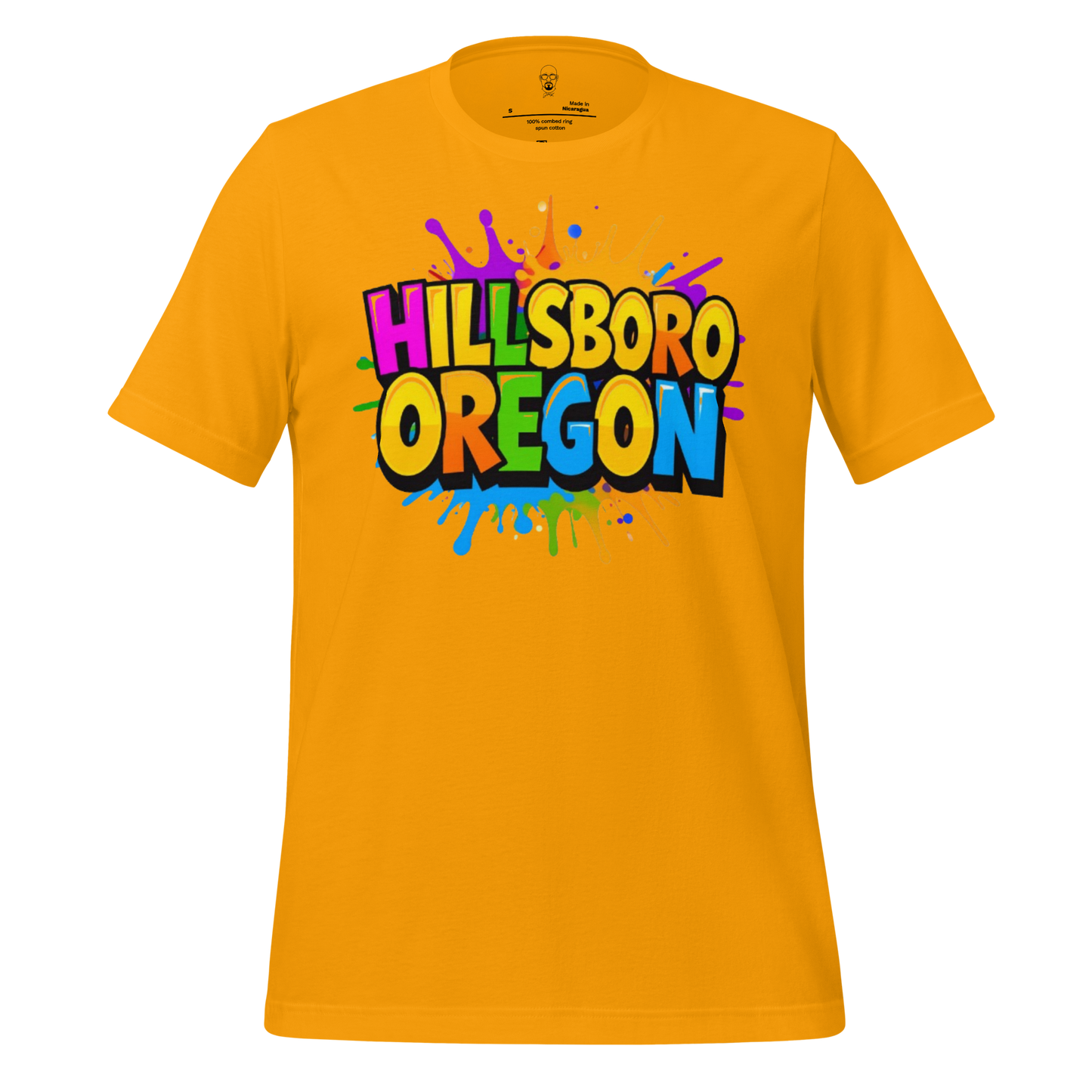 Bright yellow Hillsboro Oregon t-shirt with colorful splash graphic and bold lettering