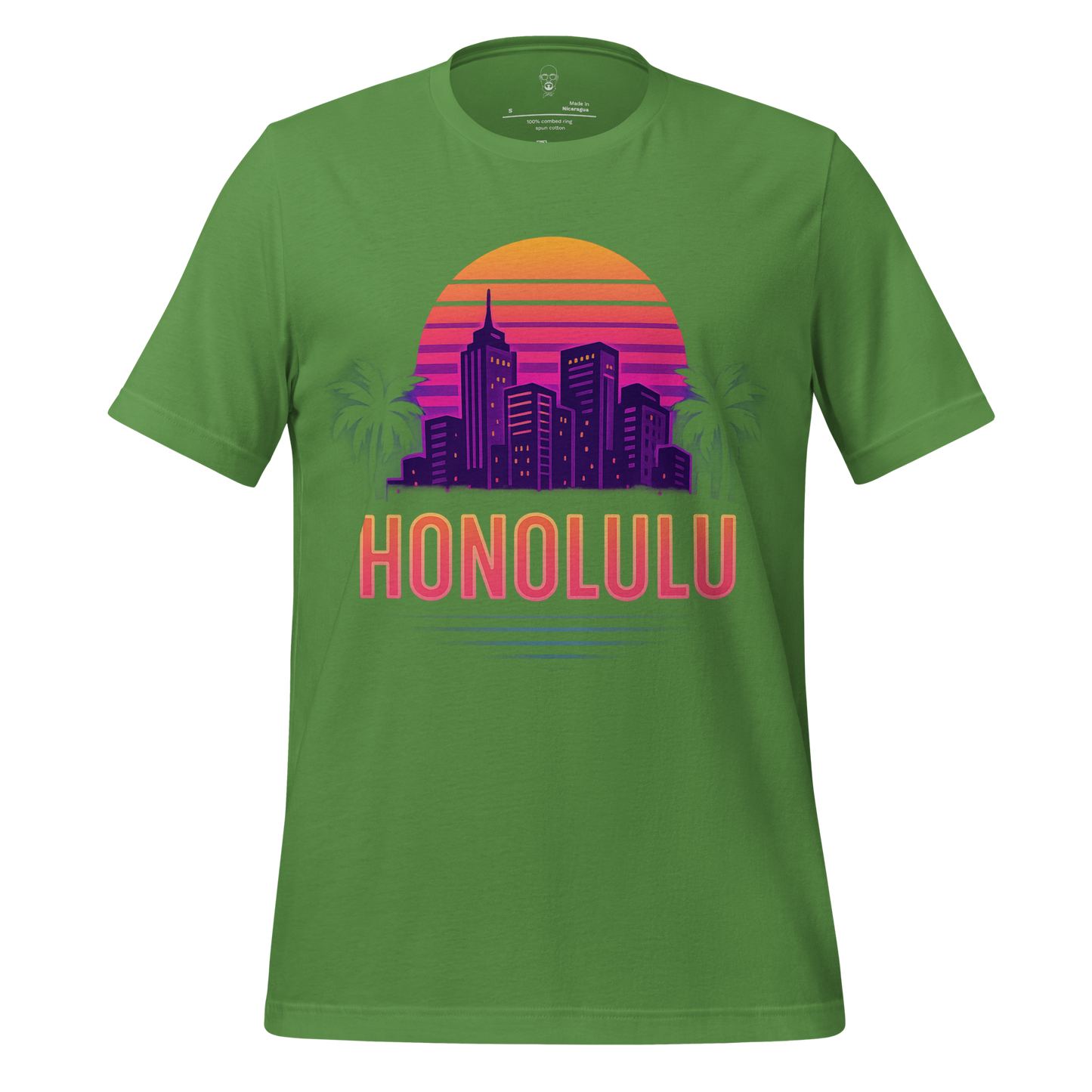 Green Honolulu Graphic T-Shirt featuring a vibrant city skyline and sunset design