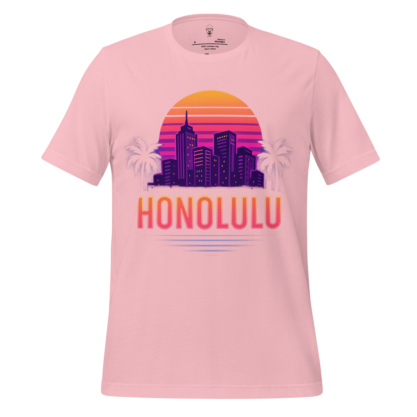 JMK Drip Honolulu Graphic T-Shirt in pink with city skyline and palm tree design