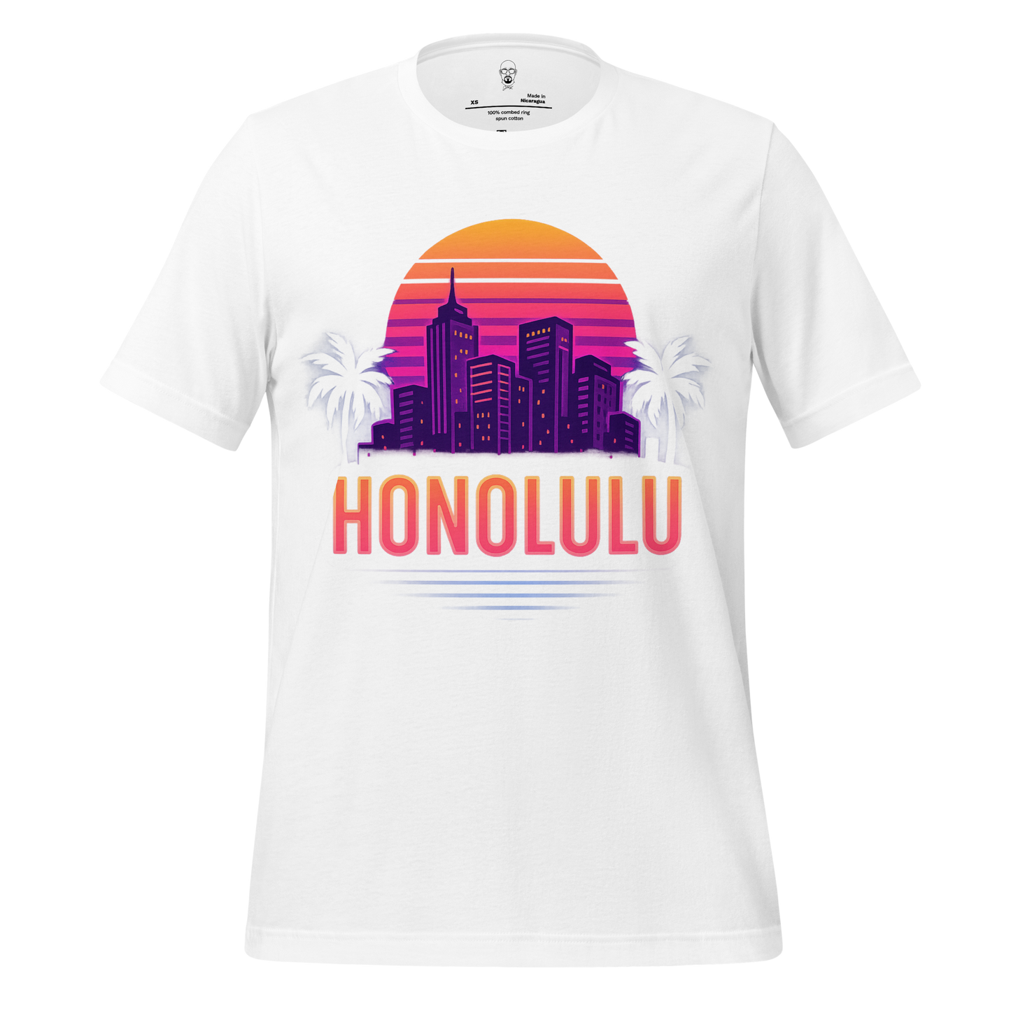 White Honolulu Graphic T-Shirt with vibrant city skyline and palm trees design by JMK Drip