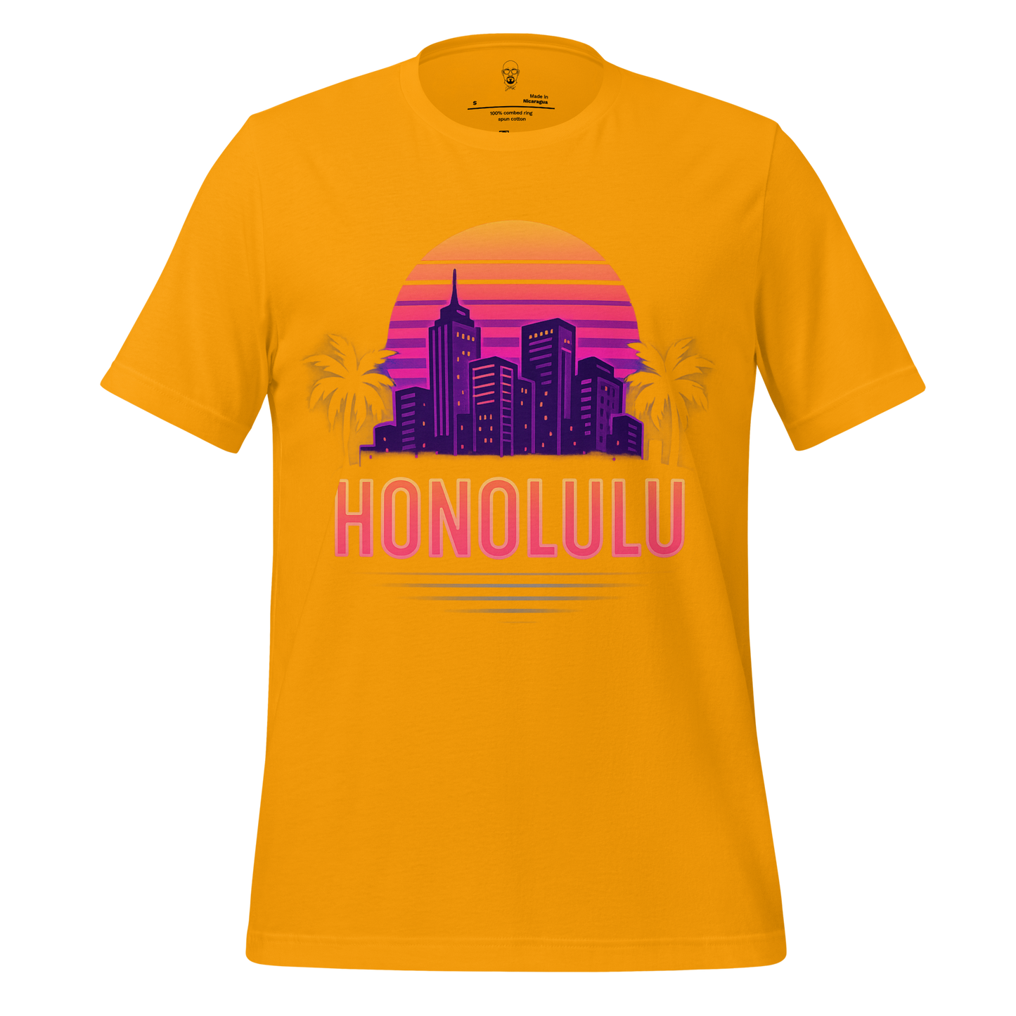 Yellow JMK Drip Honolulu Graphic T-Shirt with purple city skyline and pink sunset design