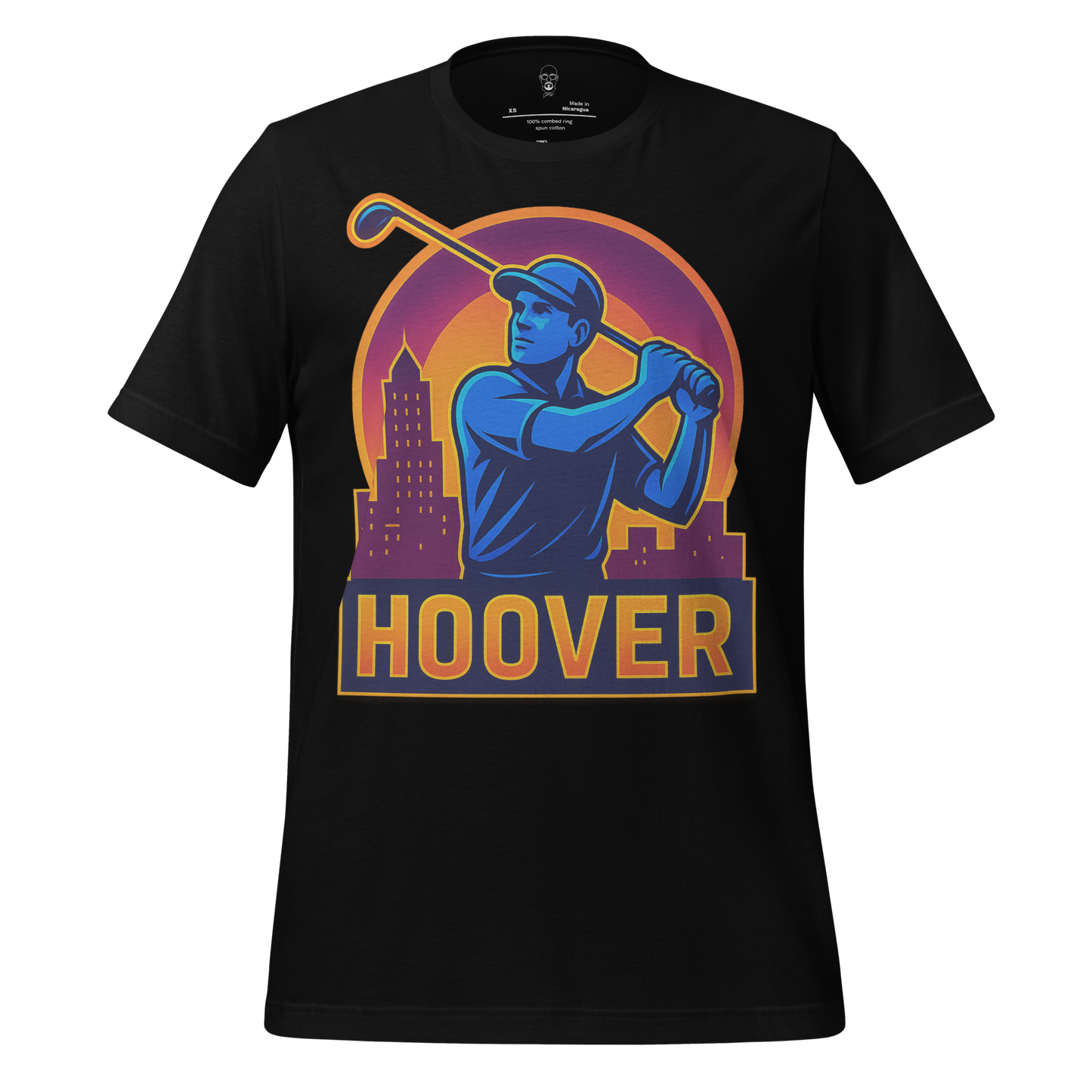 JMK Drip black Hoover Graphic T-Shirt with colorful golf player and city skyline design