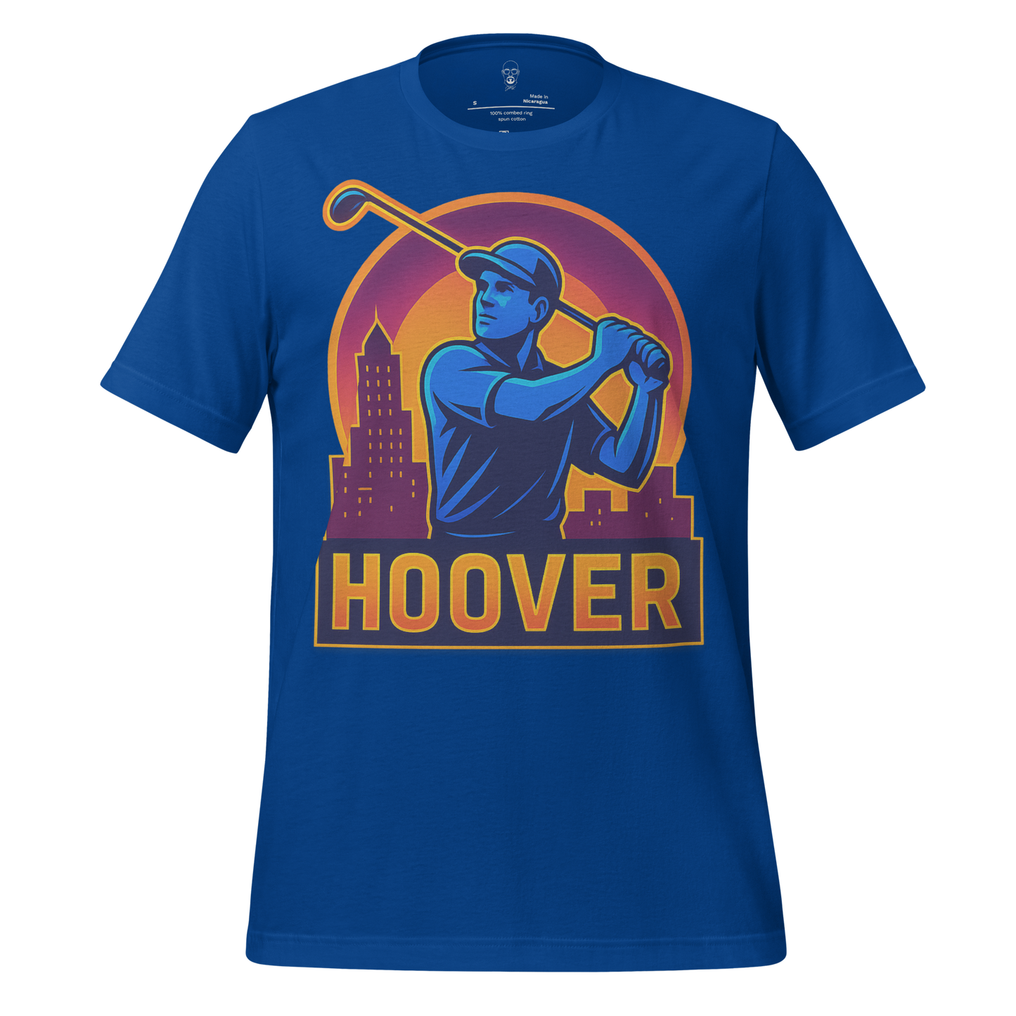 Blue Hoover Graphic T-Shirt by JMK Drip featuring a golfer swinging with city skyline background