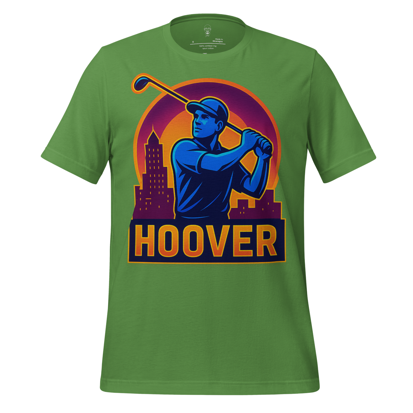 JMK Drip green Hoover Graphic T-Shirt featuring a golfer graphic with city skyline background