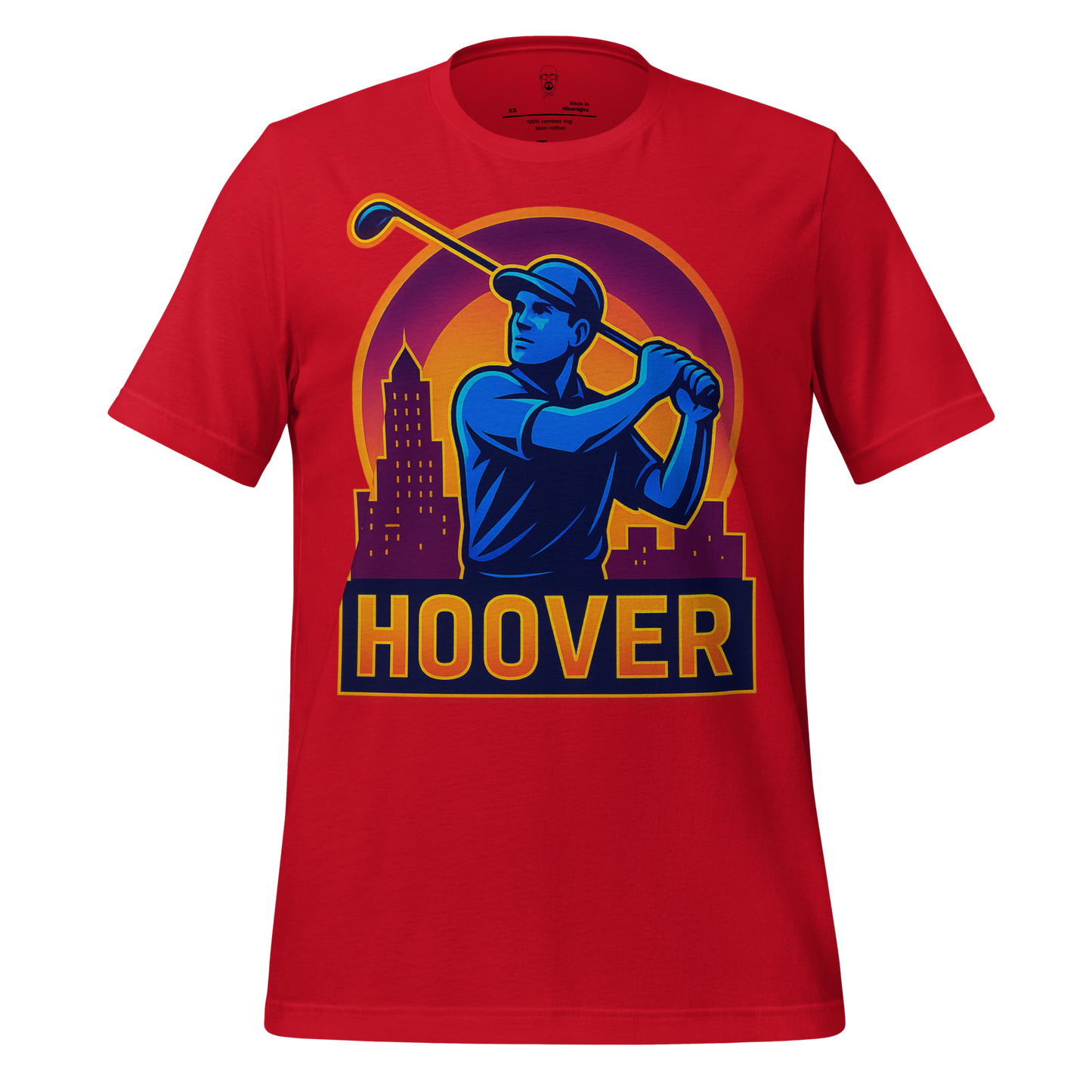 JMK Drip red Hoover Graphic T-Shirt with blue golfer and city skyline design