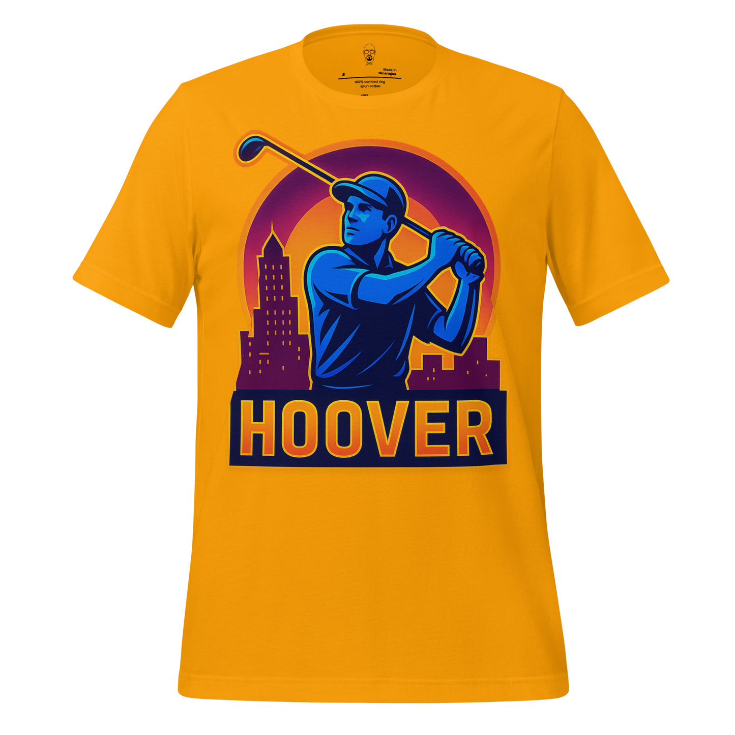 JMK Drip yellow Hoover Graphic T-Shirt featuring a golfer swinging with city skyline background