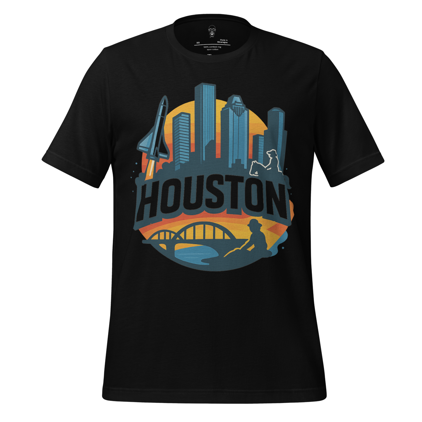 JMK Drip Houston graphic t-shirt featuring city skyline, space shuttle, bridge, and fishing silhouette on black
