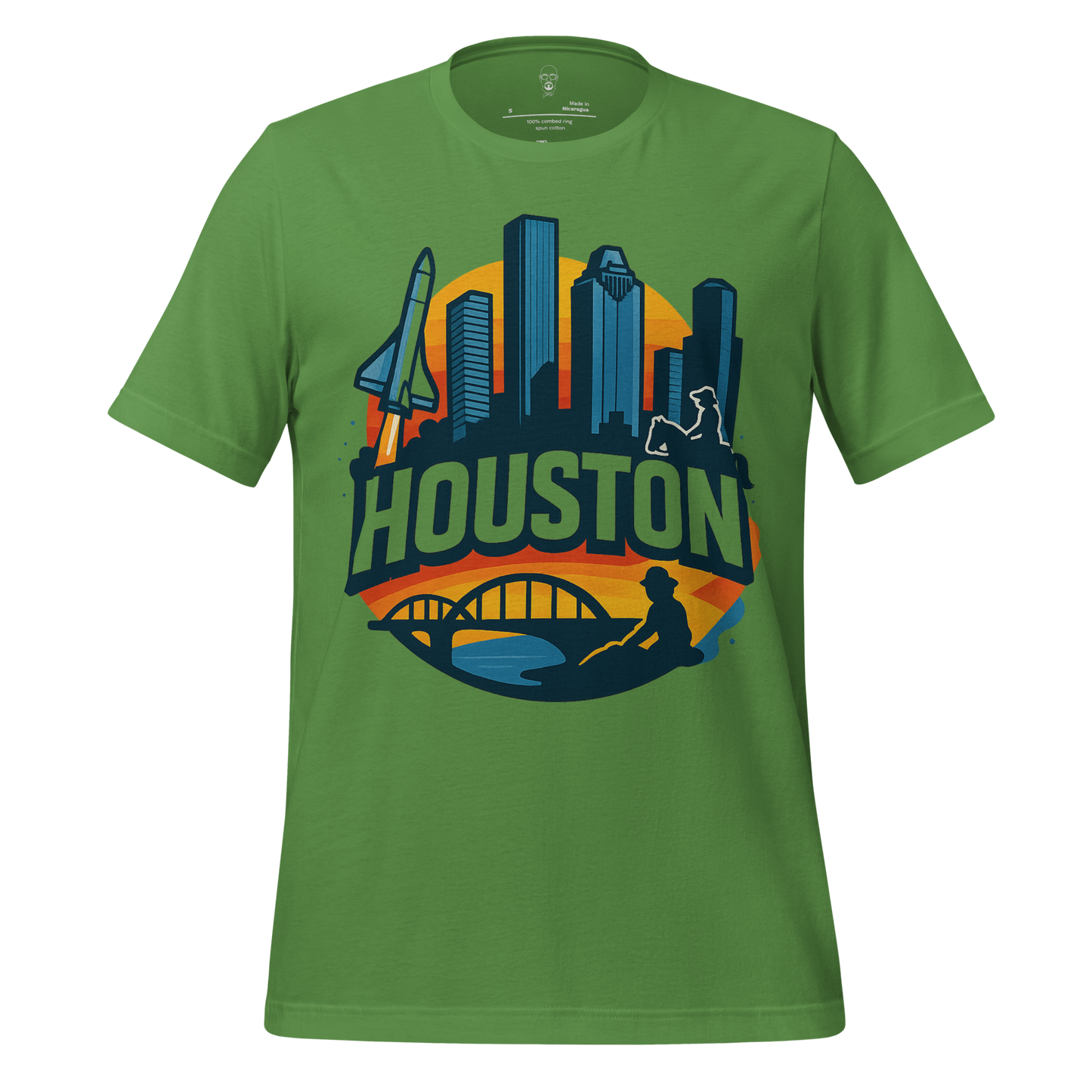 Green Houston graphic t-shirt by JMK Drip featuring city skyline space shuttle and bridge design