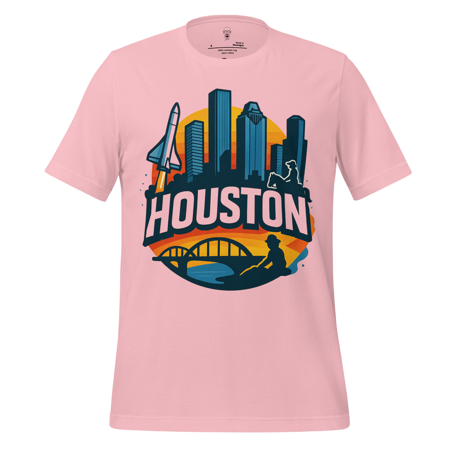 Pink Houston graphic t-shirt by JMK Drip featuring city skyline, space shuttle, and river bridge design